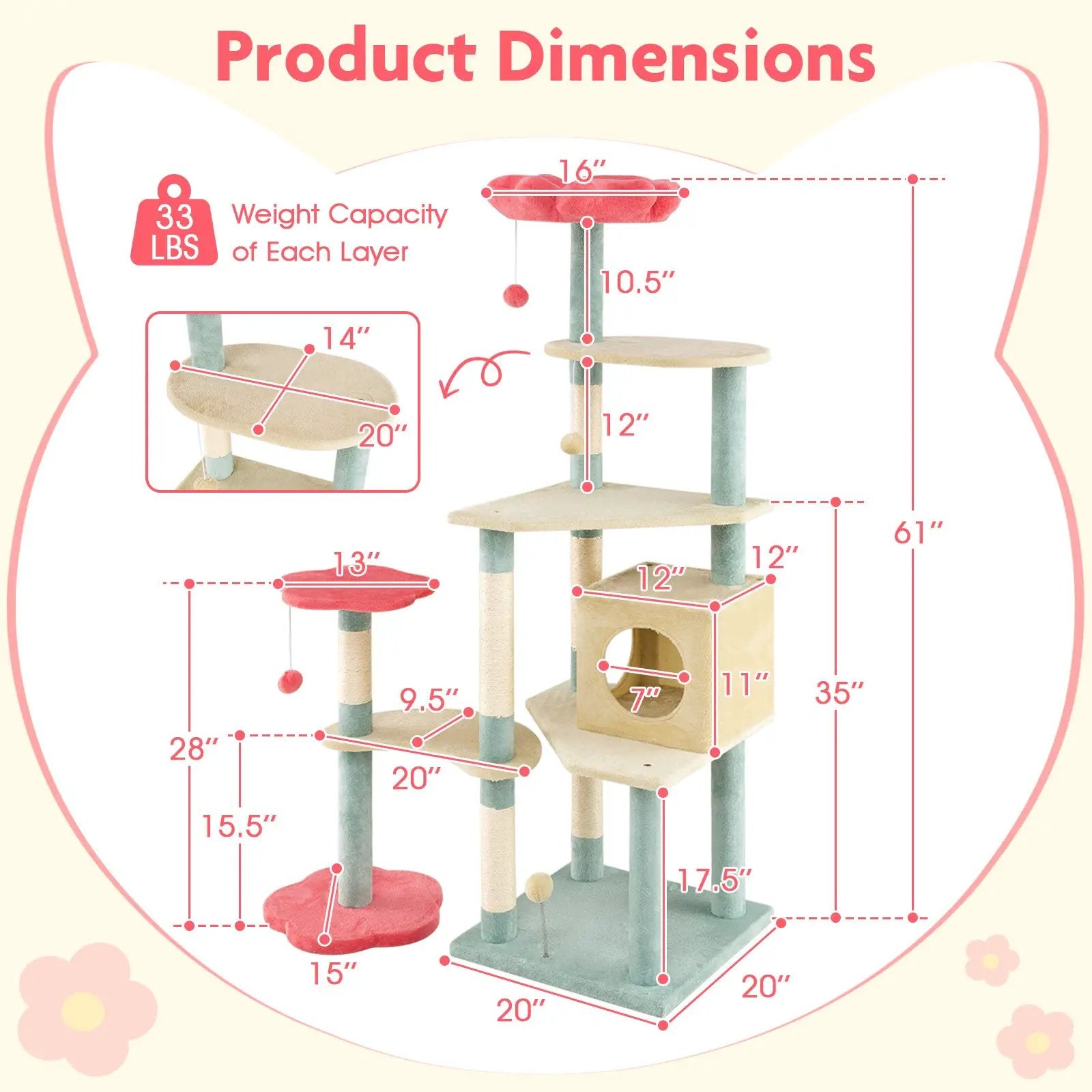 61 Inch Multi-Level Aesthetic Floral Kitten Tower with Flower-Shaped Padded Perch-Multicolor by DirectDeals