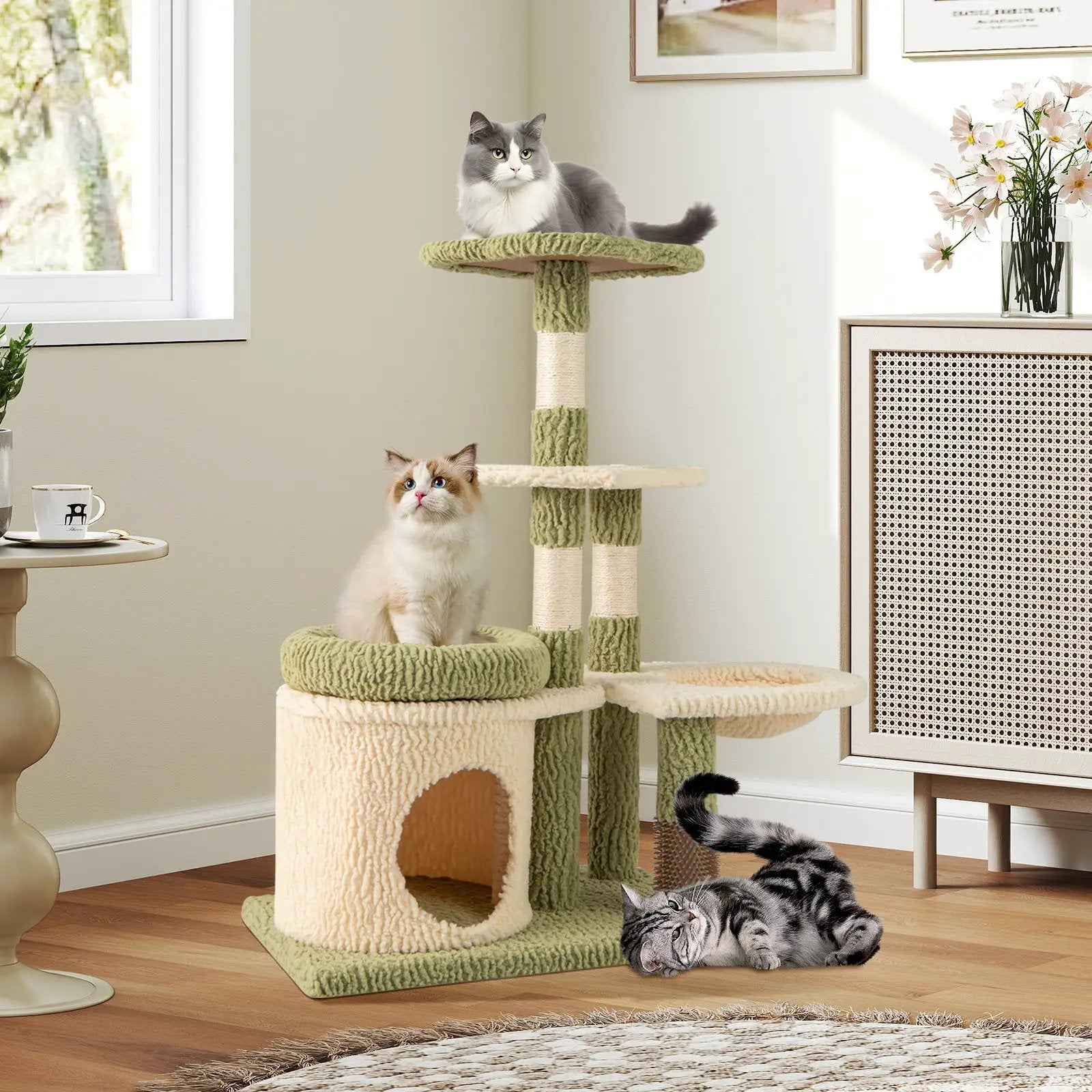 38 Inch Tall Multi-Level Aesthetic Kitten Tower with Condo and Bed-Green by DirectDeals