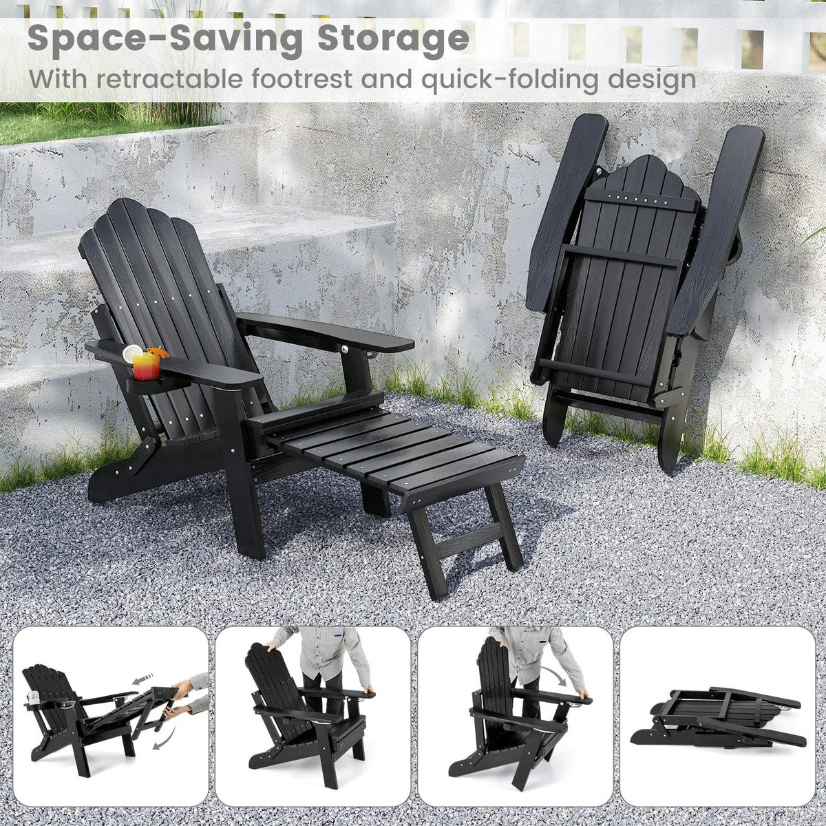 All-Weather HIPS Patio Adirondack Lounge Chair with Retractable Footrest, photo 32 of 32
