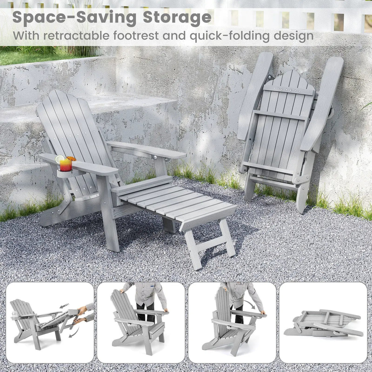 All-Weather HIPS Patio Adirondack Lounge Chair with Retractable Footrest, photo 30 of 32