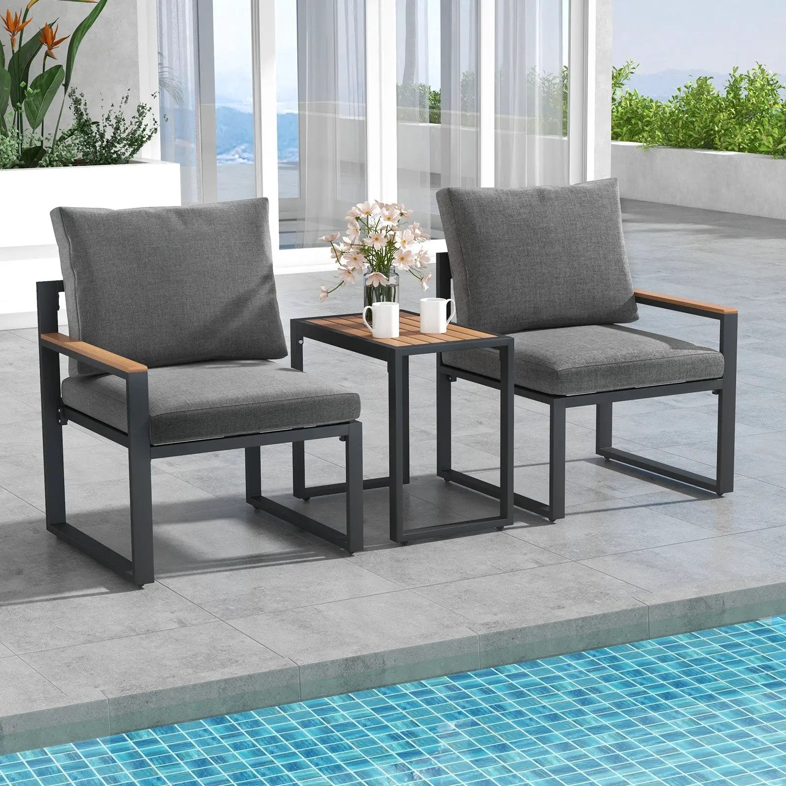 3 Pieces Aluminum Frame Weatherproof Outdoor Conversation Set with Soft Cushions-Gray by DirectDeals