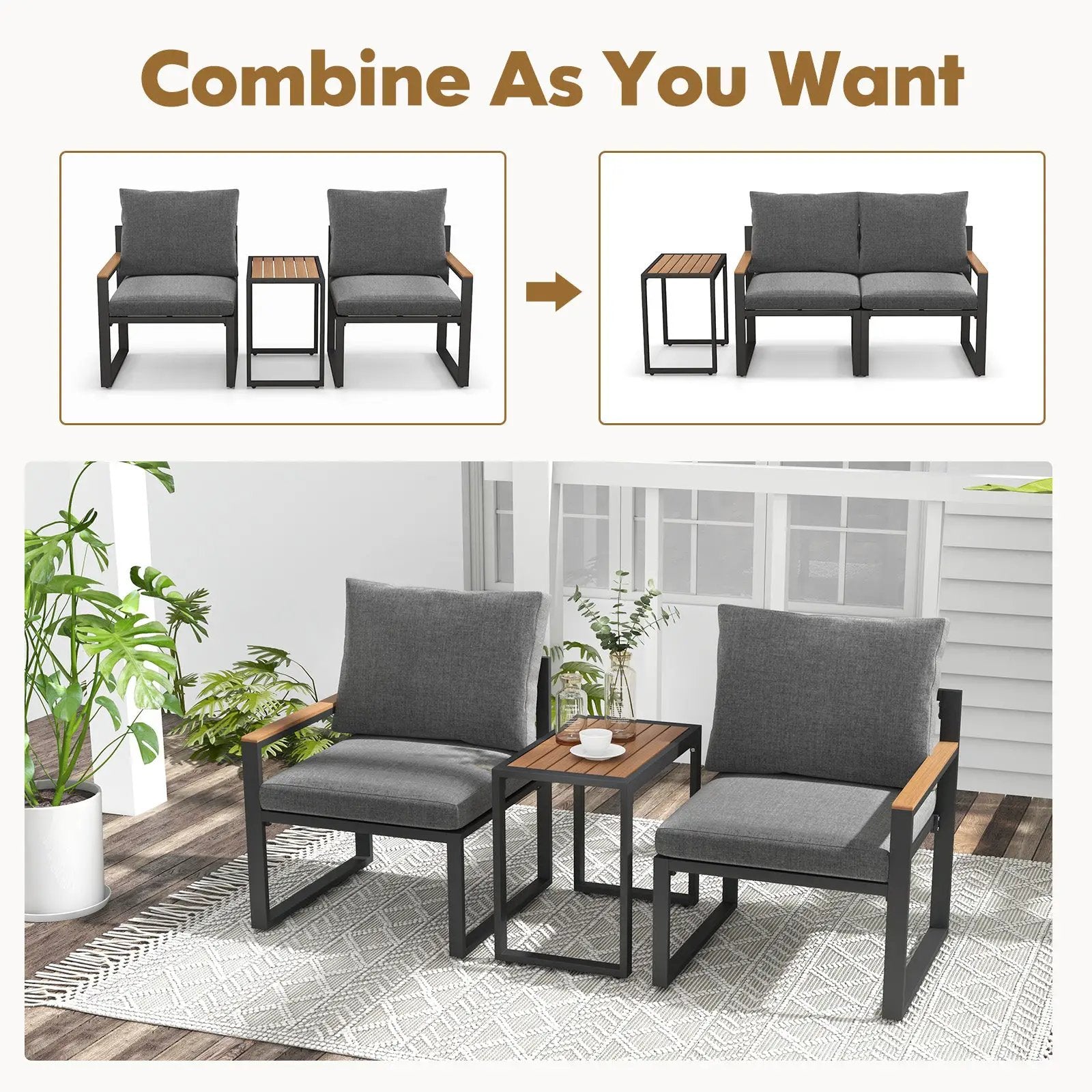 3 Pieces Aluminum Frame Weatherproof Outdoor Conversation Set with Soft Cushions-Gray by DirectDeals