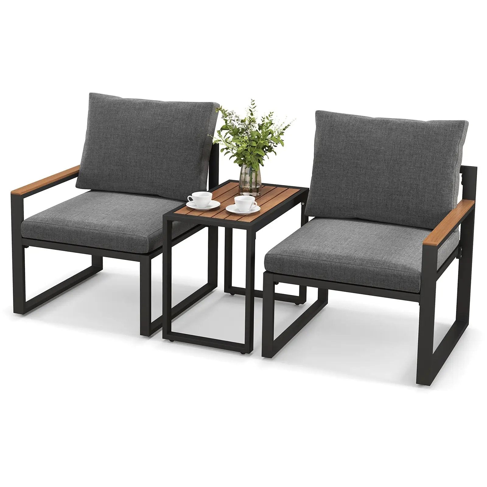 3 Pieces Aluminum Frame Weatherproof Outdoor Conversation Set with Soft Cushions-Gray by DirectDeals