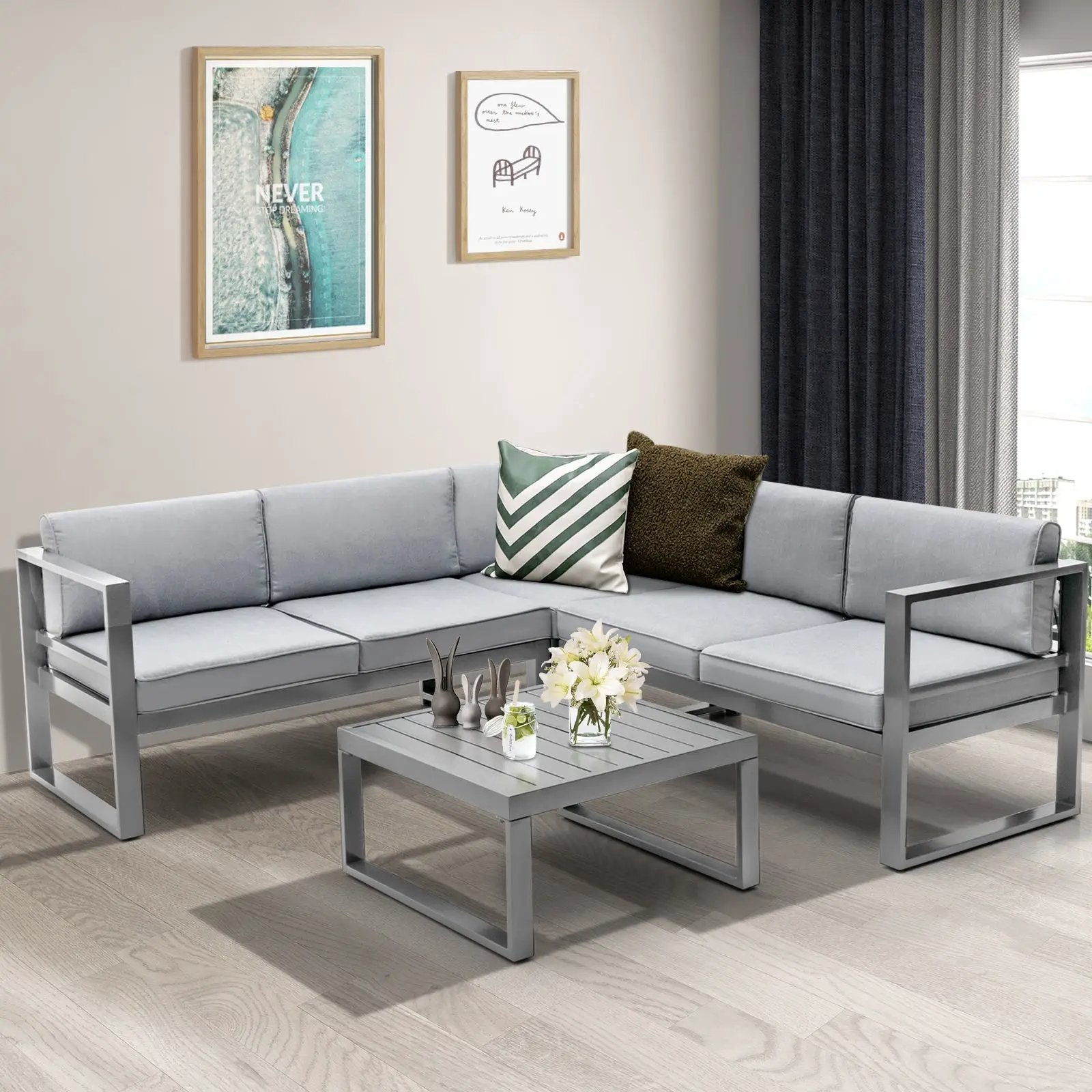 4 Pieces Aluminum Patio Furniture Set with Thick Seat and Back Cushions-Gray by DirectDeals
