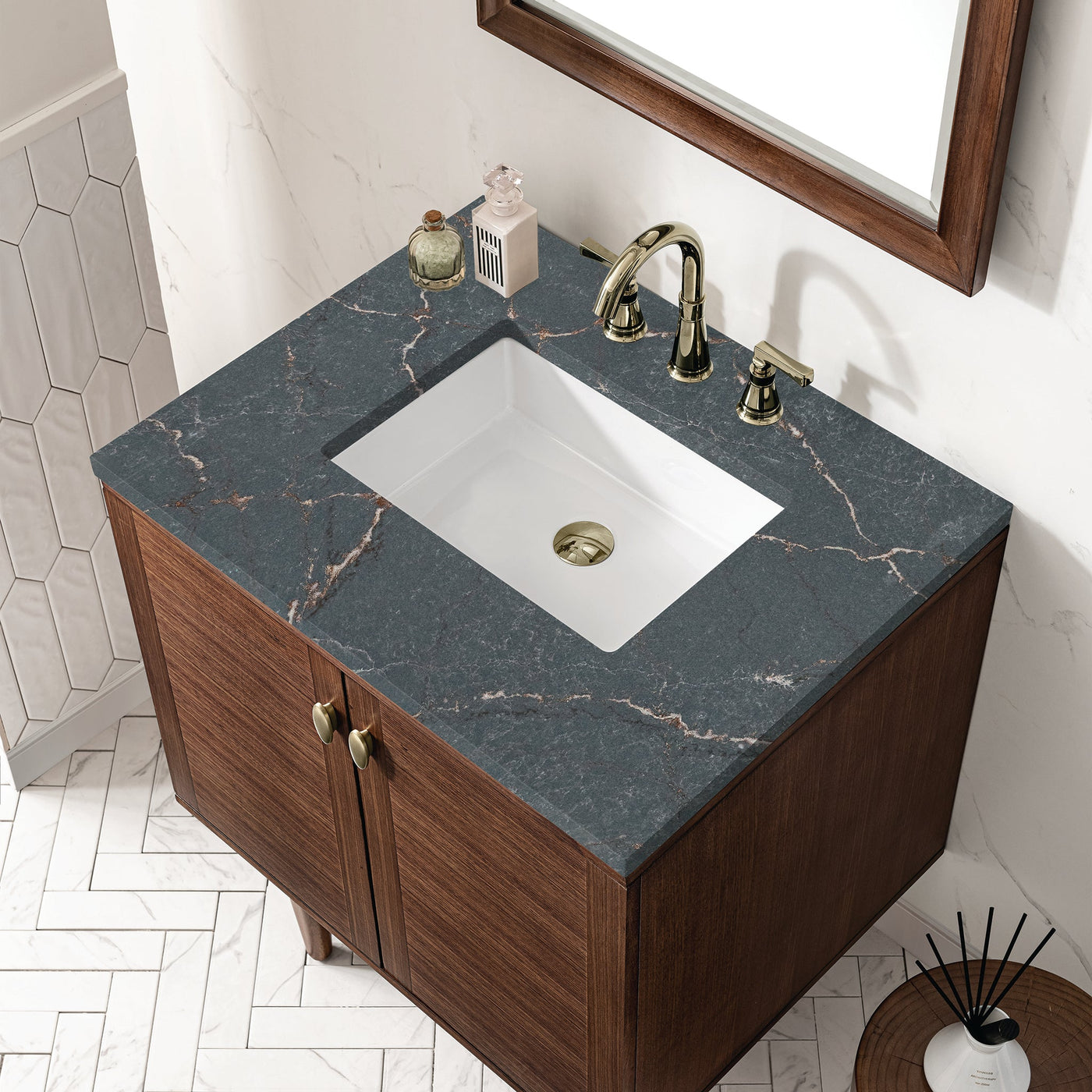 James Martin Amberly 30" Dual Mount Single Bathroom Vanity, Mid-Century Walnut with Parisien Bleu countertop
