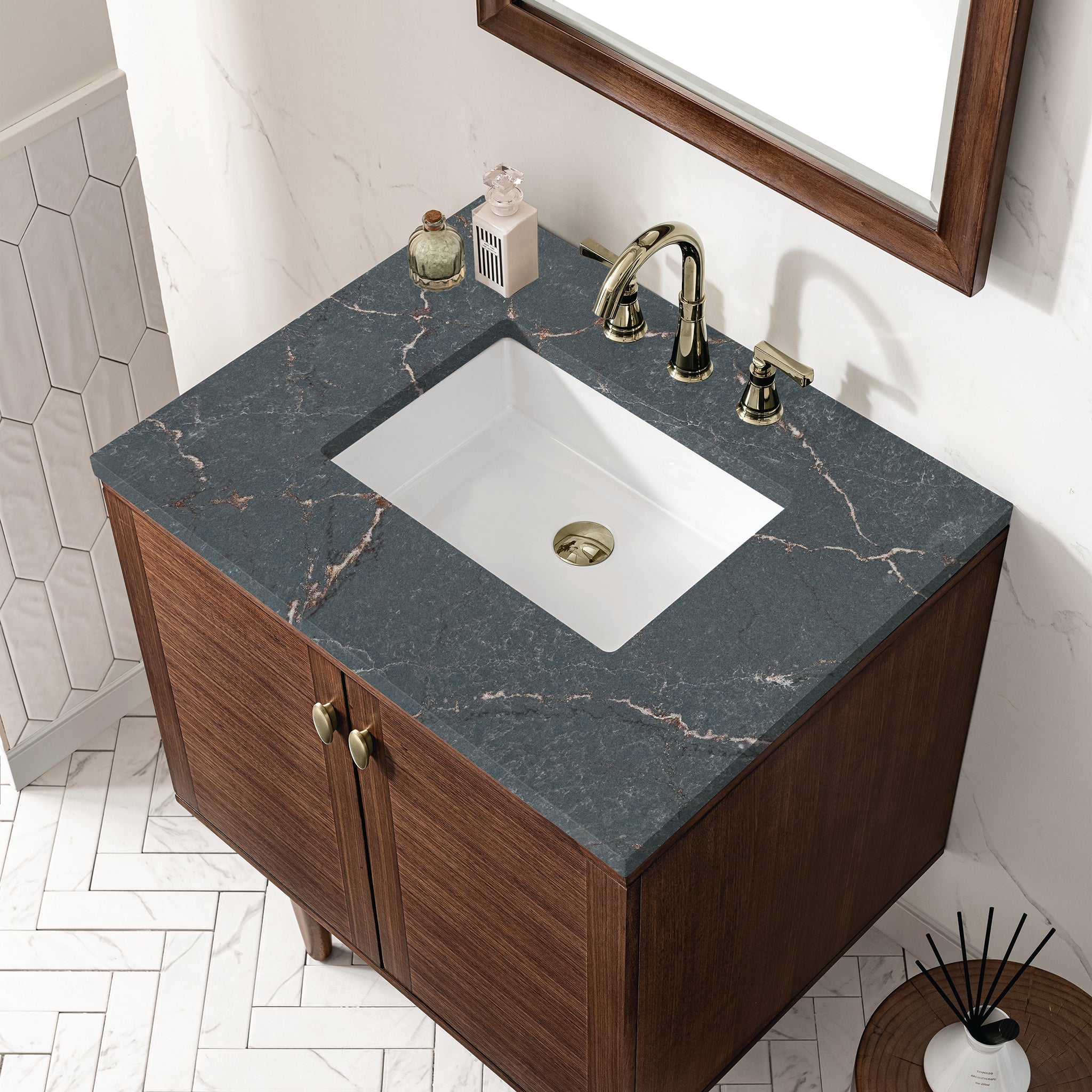 James Martin Amberly 30" Dual Mount Single Bathroom Vanity, Mid-Century Walnut with Parisien Bleu countertop