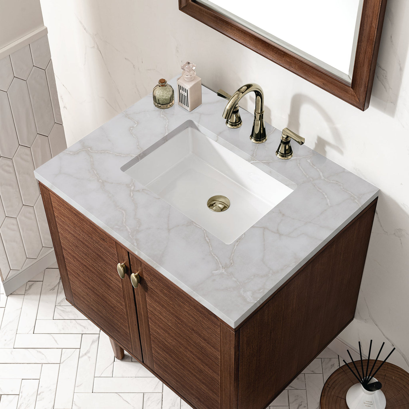 James Martin Amberly 30" Dual Mount Single Bathroom Vanity, Mid-Century Walnut with Victorian Silver countertop