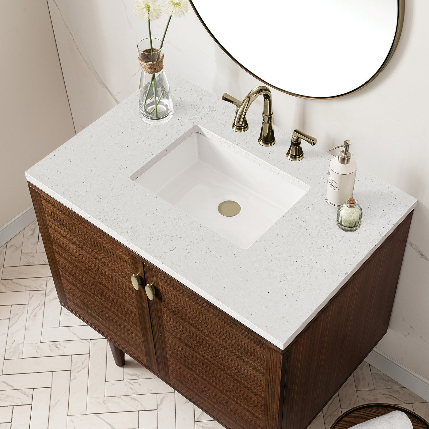 James Martin Amberly 36" Dual Mount Single Bathroom Vanity, Mid-Century Walnut with Lime Delight countertop