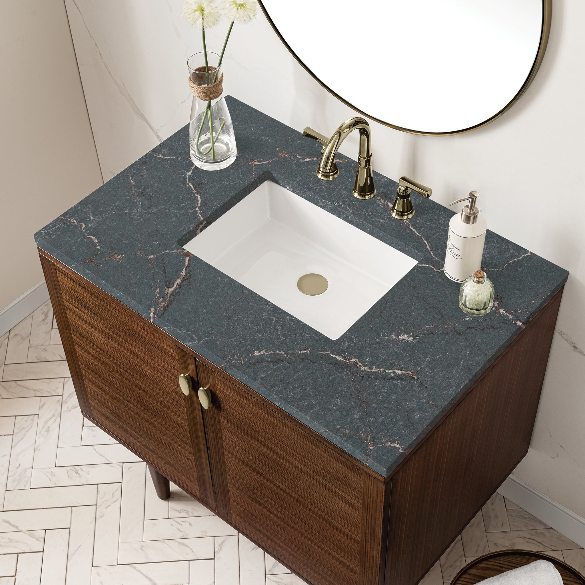 James Martin Amberly 36" Dual Mount Single Bathroom Vanity, Mid-Century Walnut with Parisien Bleu countertop