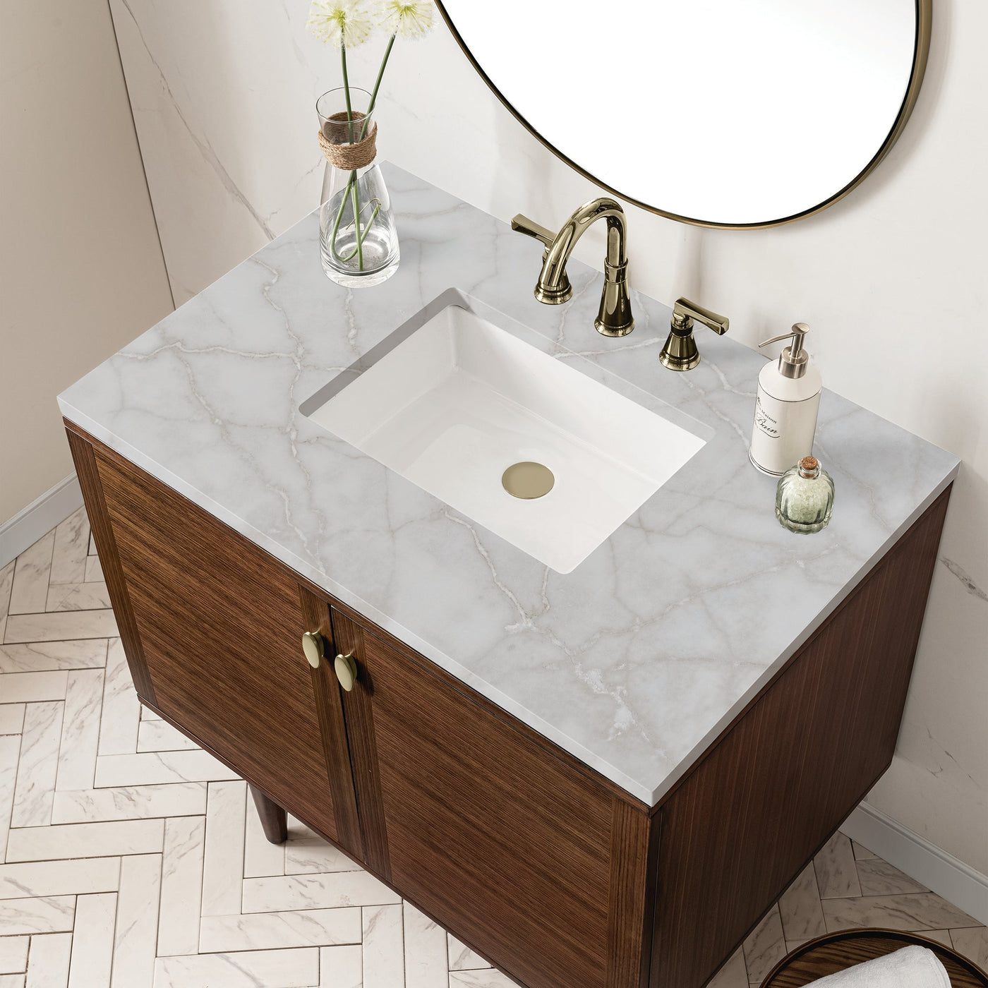 James Martin Amberly 36" Dual Mount Single Bathroom Vanity, Mid-Century Walnut with Victorian Silver countertop