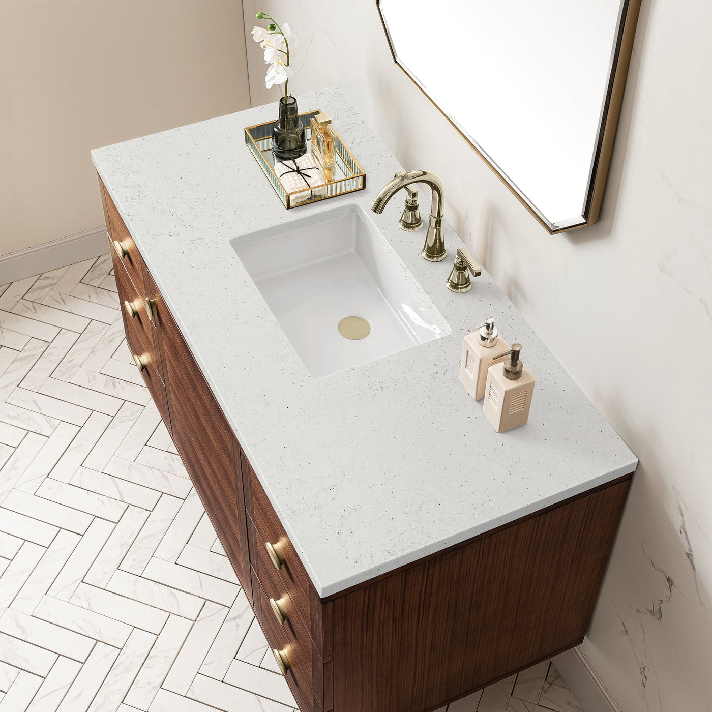 James Martin Amberly 48" Dual Mount Single Bathroom Vanity, Mid-Century Walnut with Lime Delight countertop