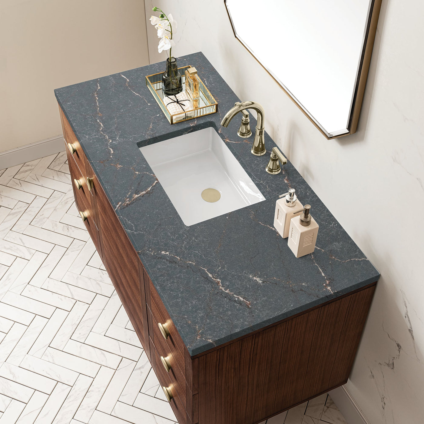 James Martin Amberly 48" Dual Mount Single Bathroom Vanity, Mid-Century Walnut with Parisien Bleu countertop
