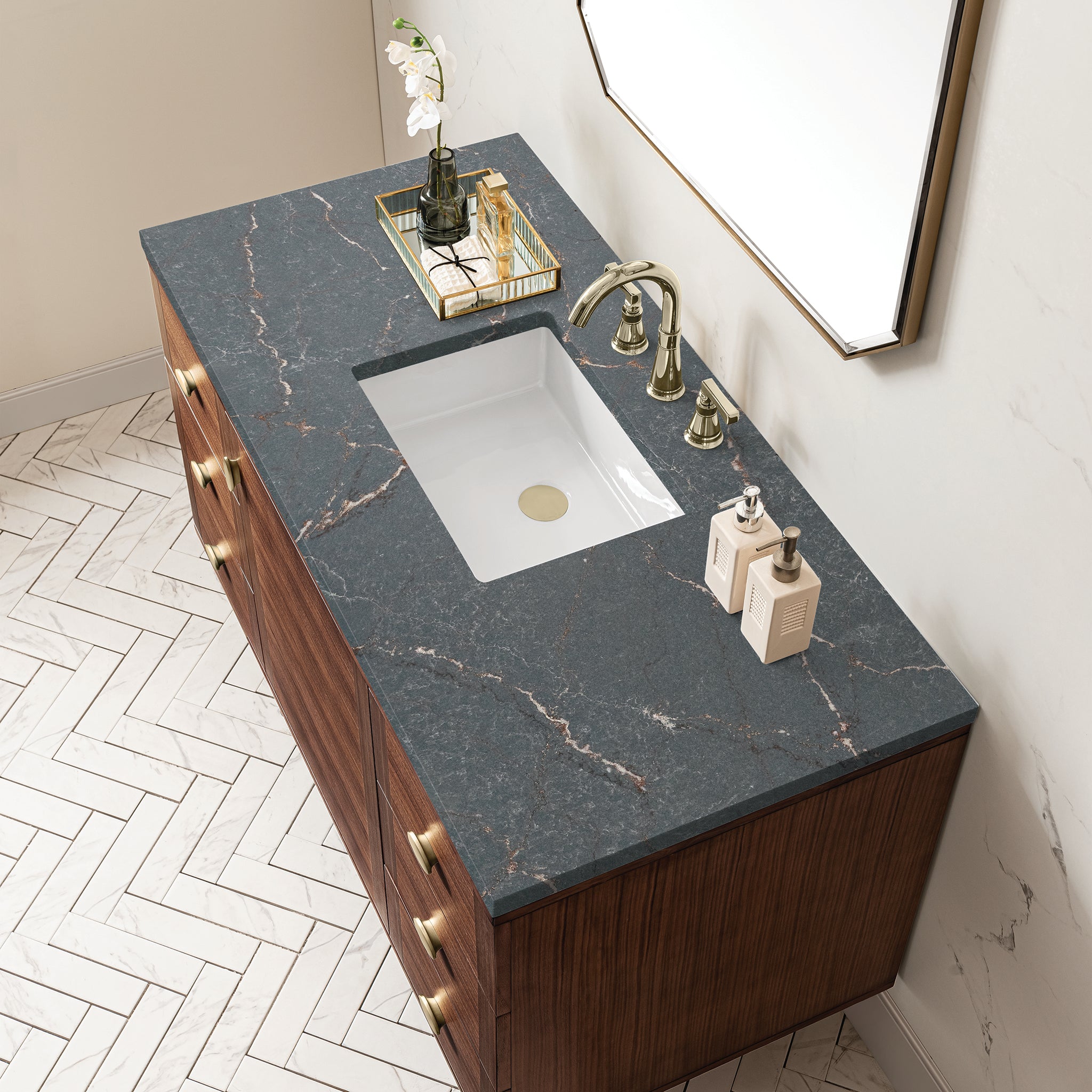 James Martin Amberly 48" Dual Mount Single Bathroom Vanity, Mid-Century Walnut with Parisien Bleu countertop