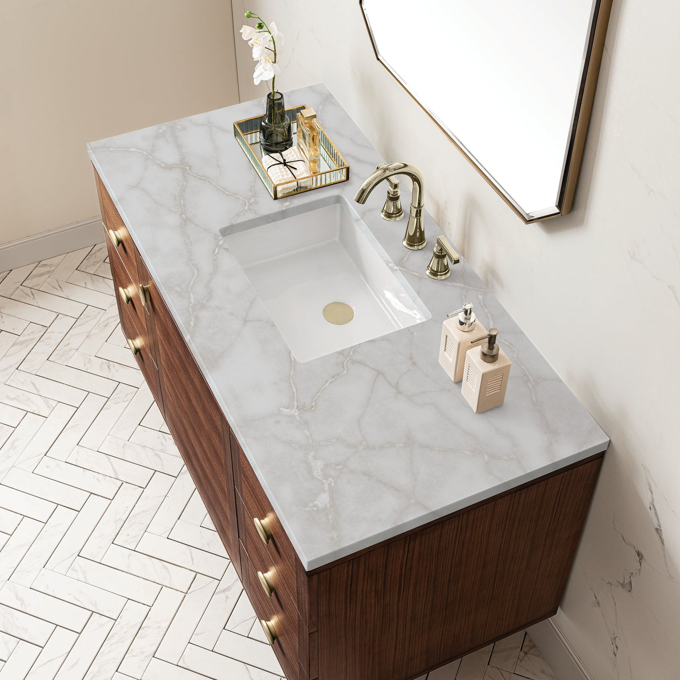 James Martin Amberly 48" Dual Mount Single Bathroom Vanity, Mid-Century Walnut with Victorian Silver countertop