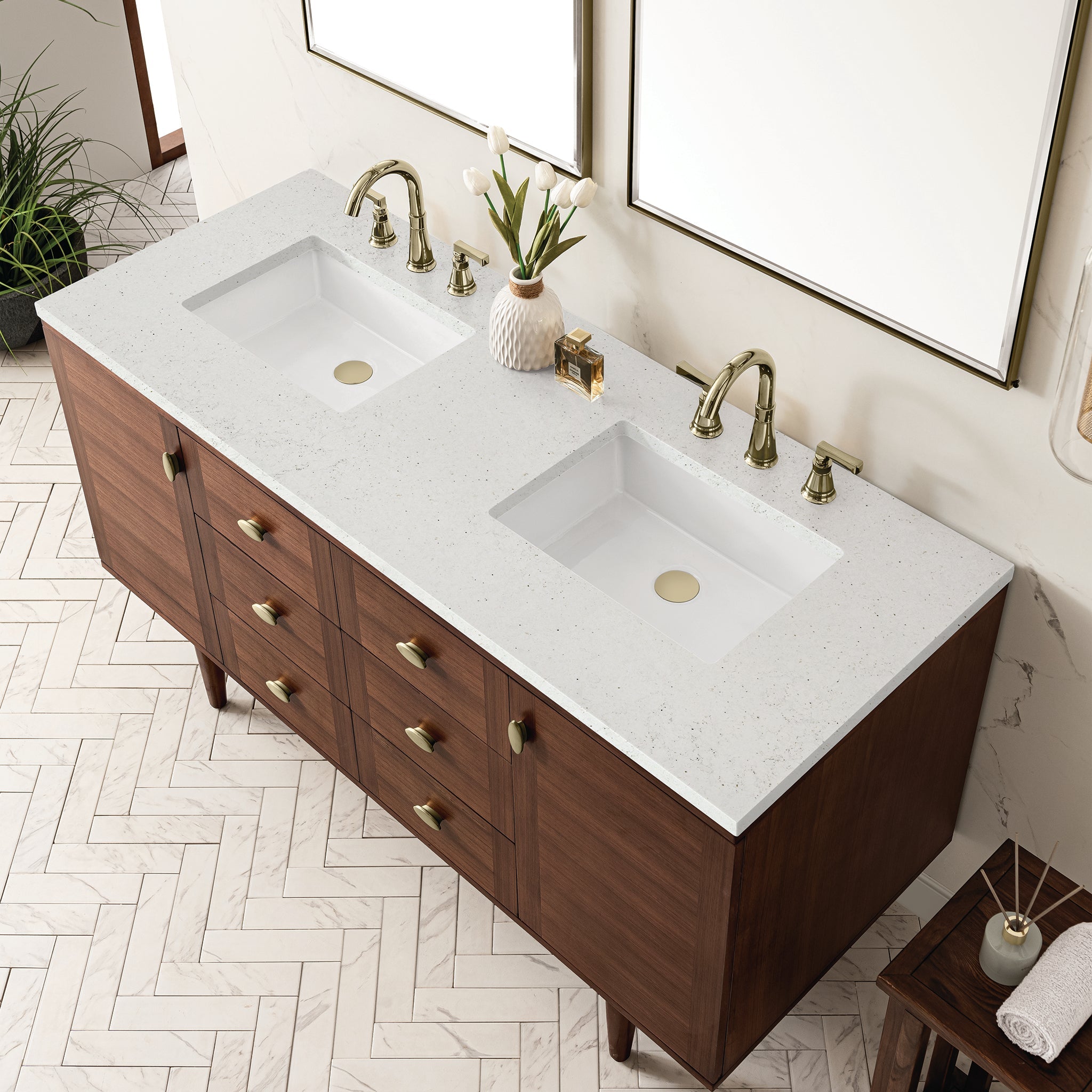 James Martin Amberly 60" Dual Mount Double Bathroom Vanity, Mid-Century Walnut with Lime Delight countertop