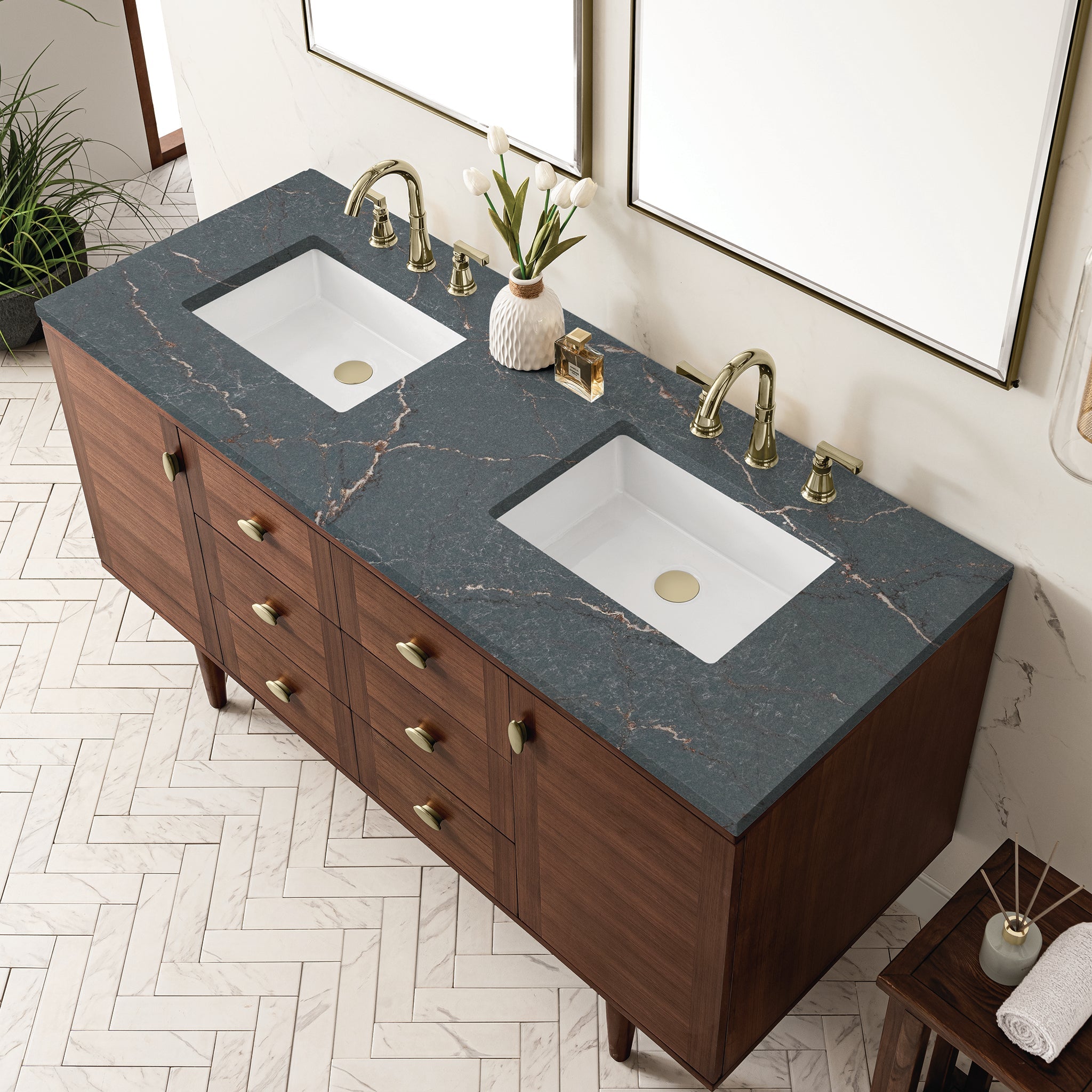 James Martin Amberly 60" Dual Mount Double Bathroom Vanity, Mid-Century Walnut with Parisien Bleu countertop