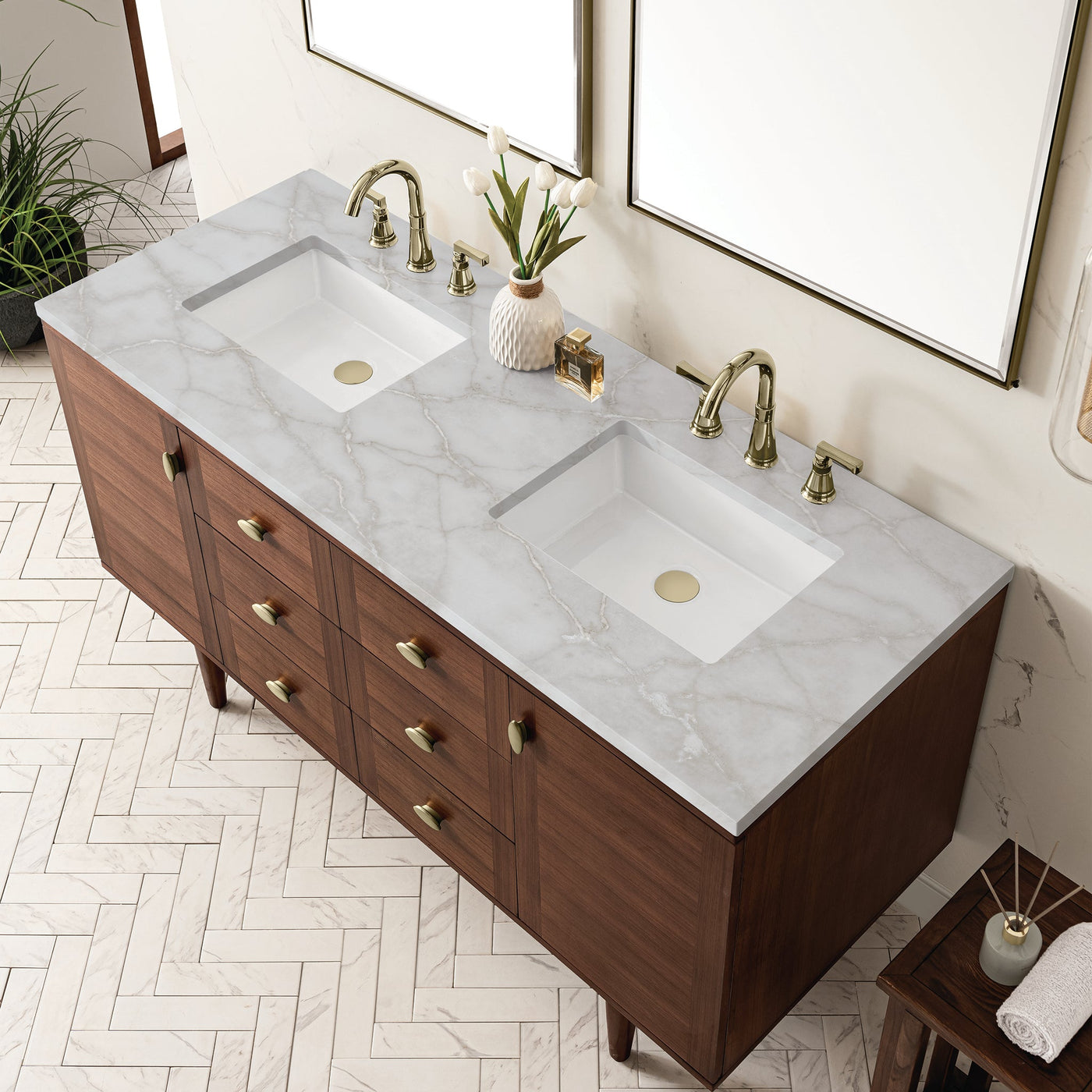 James Martin Amberly 60" Dual Mount Double Bathroom Vanity, Mid-Century Walnut with Victorian Silver countertop