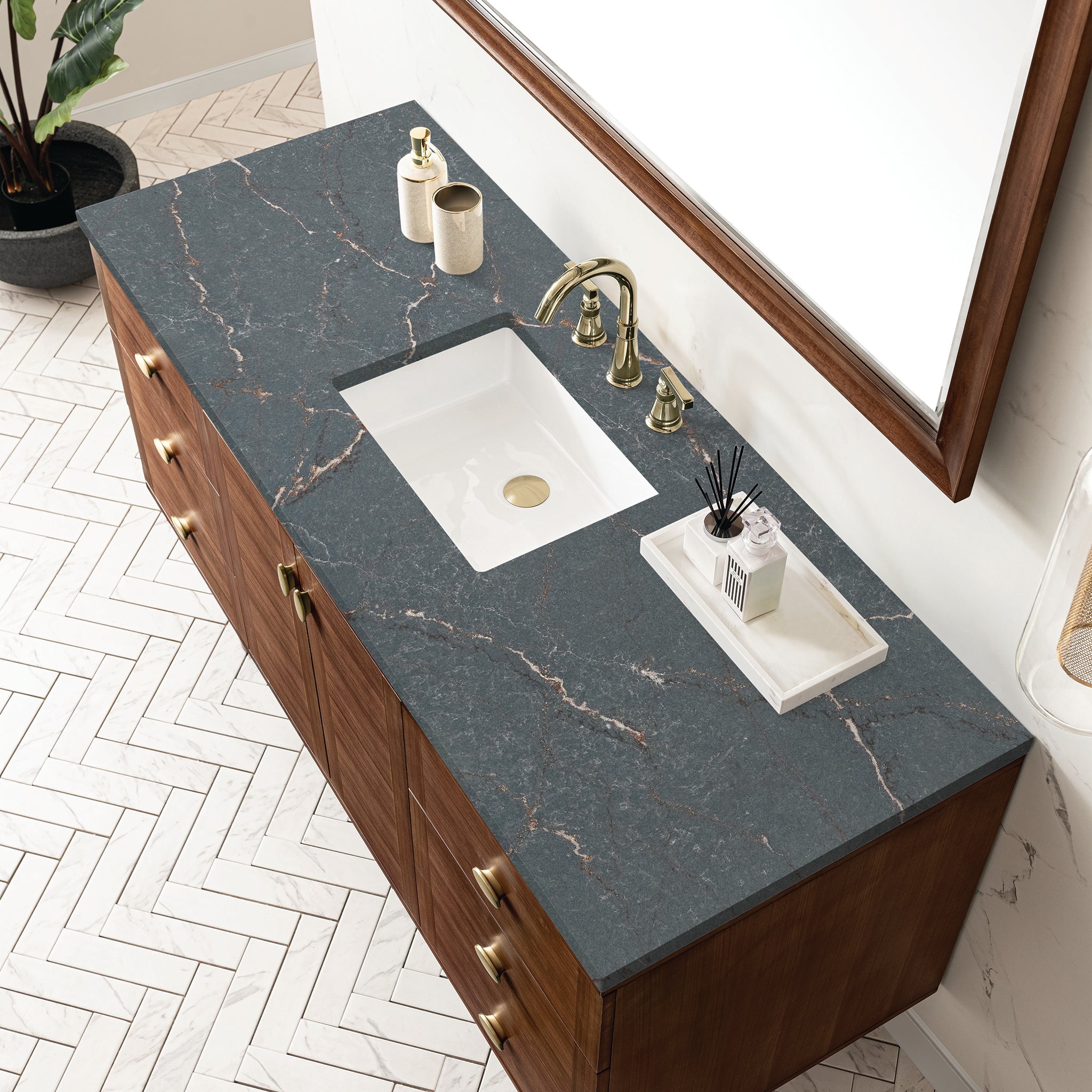 James Martin Amberly 60" Dual Mount Single Bathroom Vanity, Mid-Century Walnut with Parisien Bleu countertop