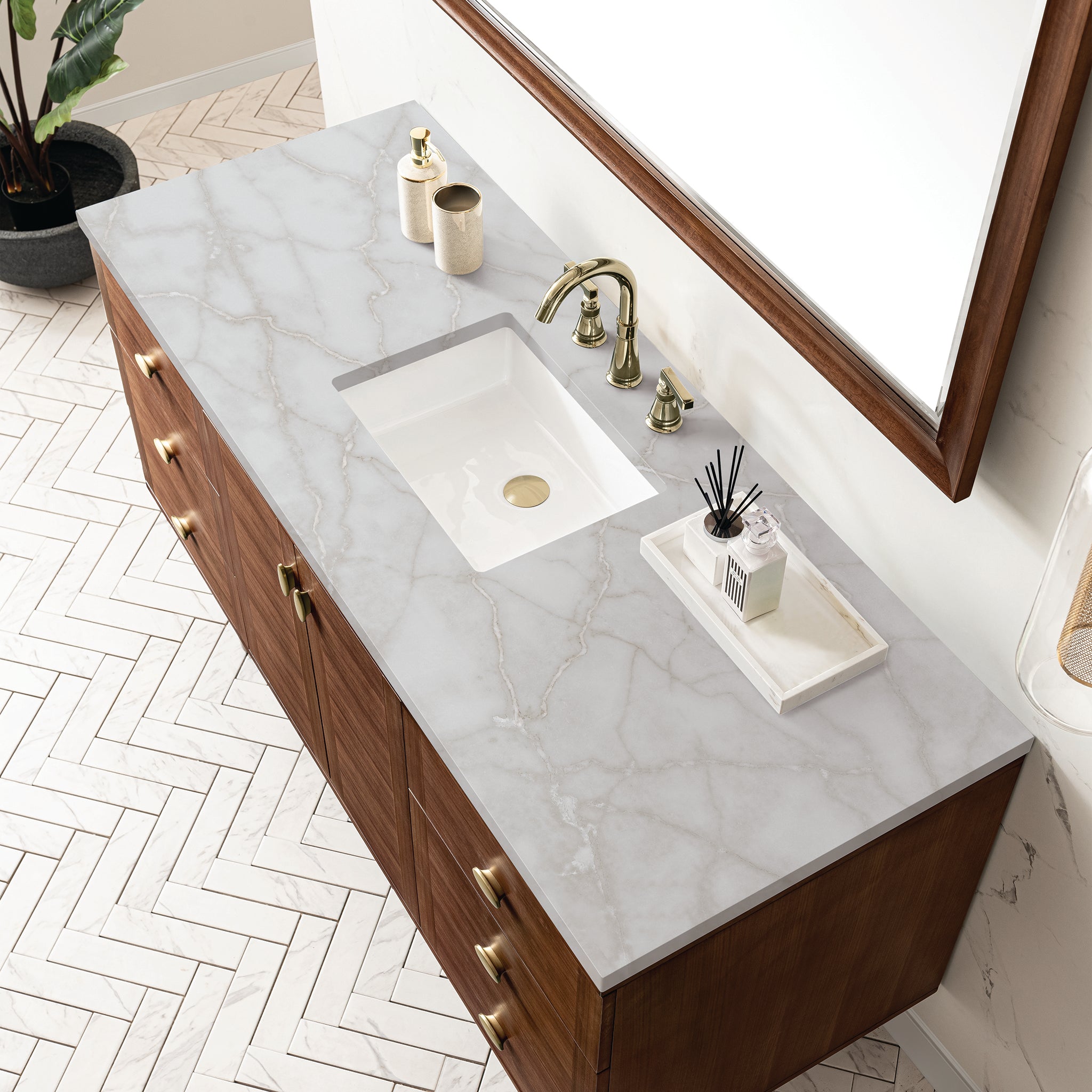 James Martin Amberly 60" Dual Mount Single Bathroom Vanity, Mid-Century Walnut with Victorian Silver countertop