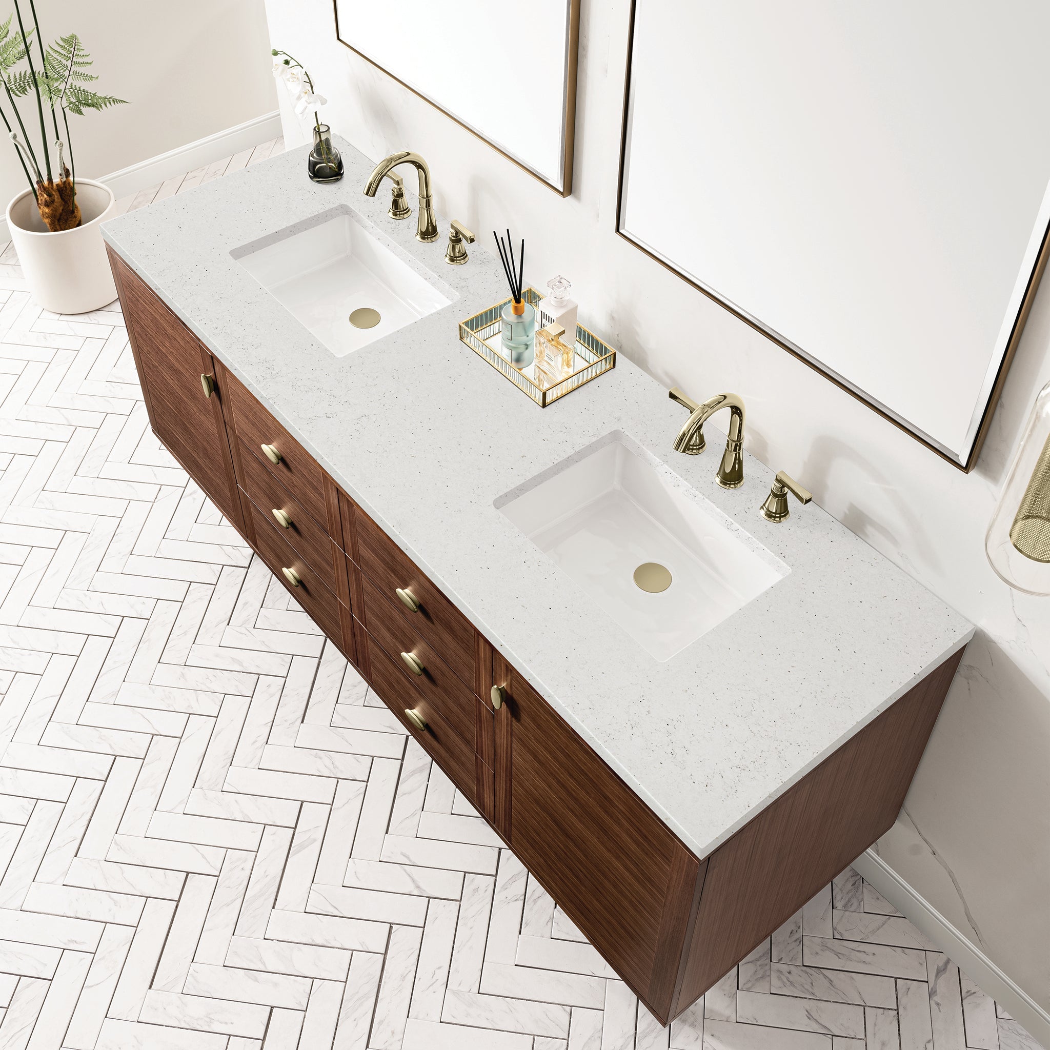 James Martin Amberly 72" Dual Mount Double Bathroom Vanity, Mid-Century Walnut with Lime Delight countertop