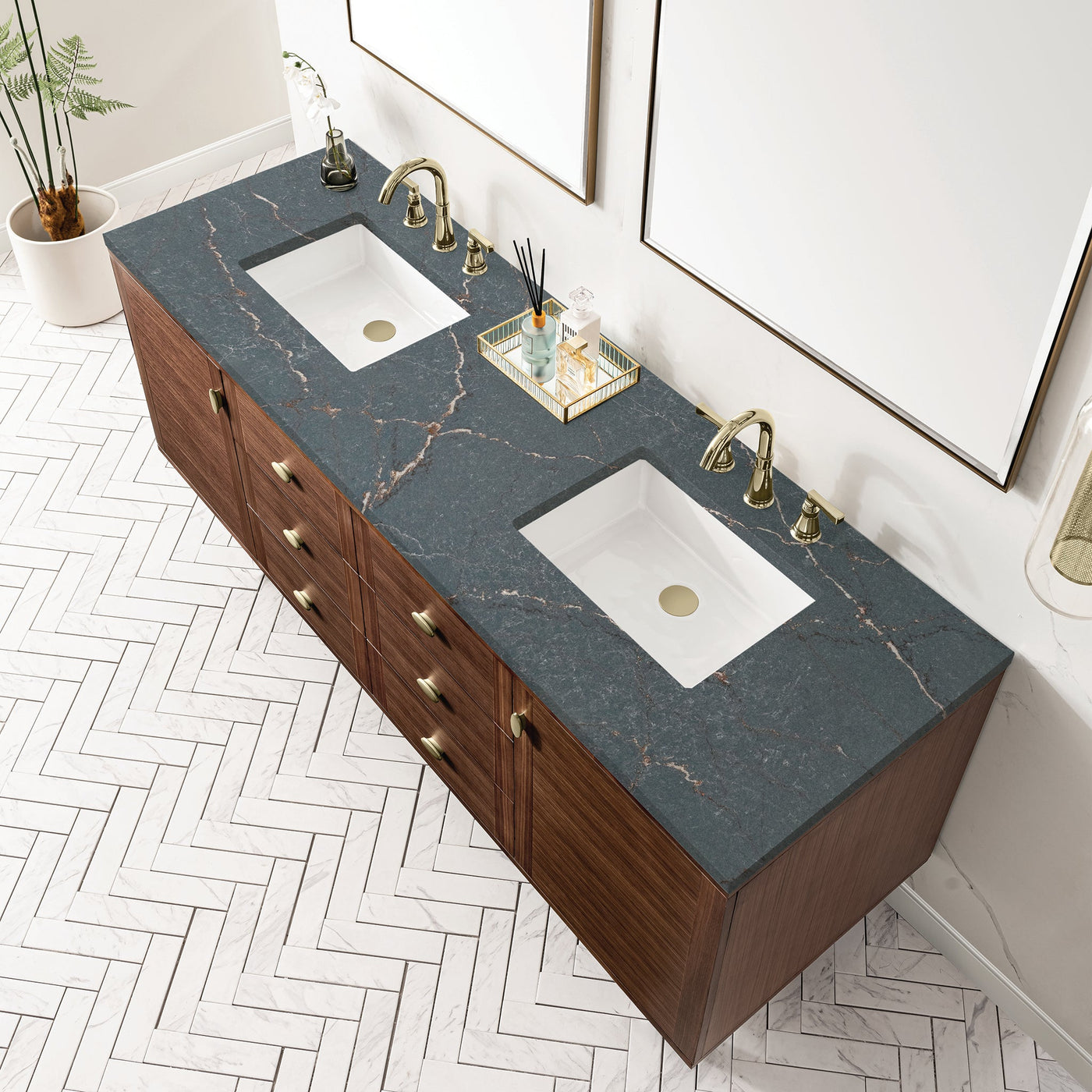 James Martin Amberly 72" Dual Mount Double Bathroom Vanity, Mid-Century Walnut with Parisien Bleu countertop