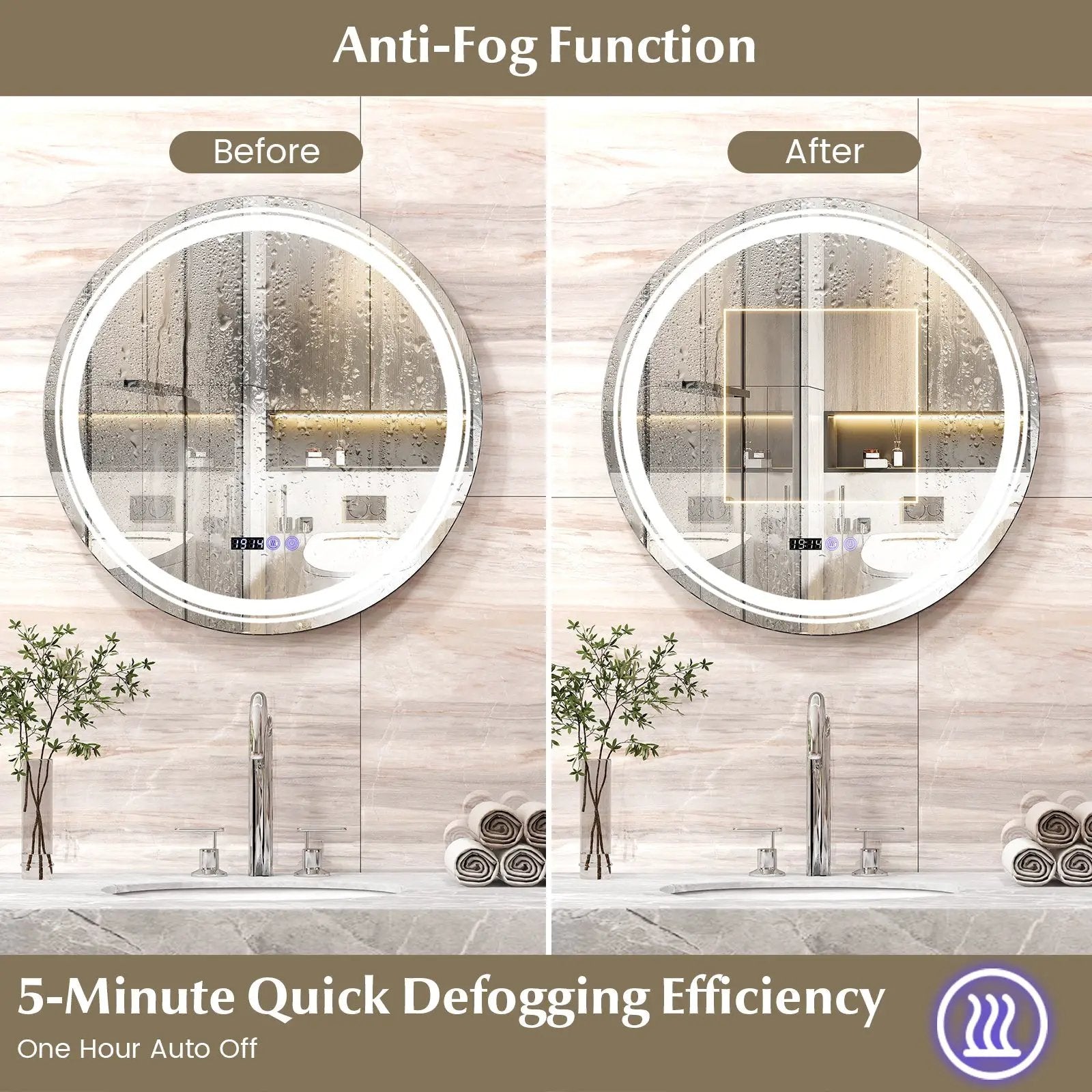 Anti-Fog Round Led Bathroom Mirror with 3 Color LED Lights by DirectDeals