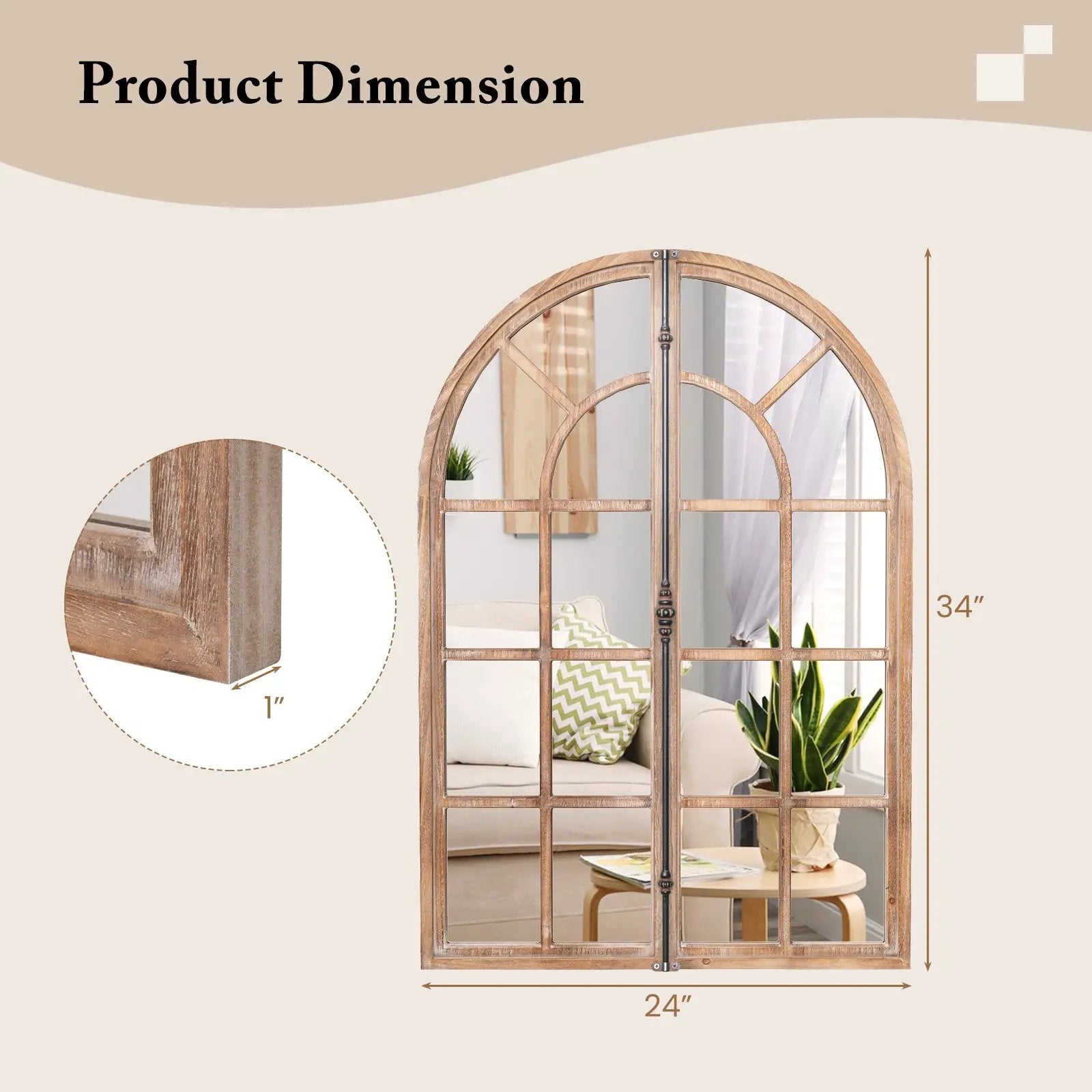 Arched Window Pane Farmhouse Wall Mounted Decorative Mirror-Nature by DirectDeals