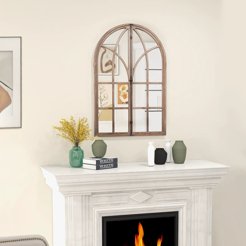 Arched Window Pane Mirror Wall Mounted for Living Room and Entryway-Natural by DirectDeals