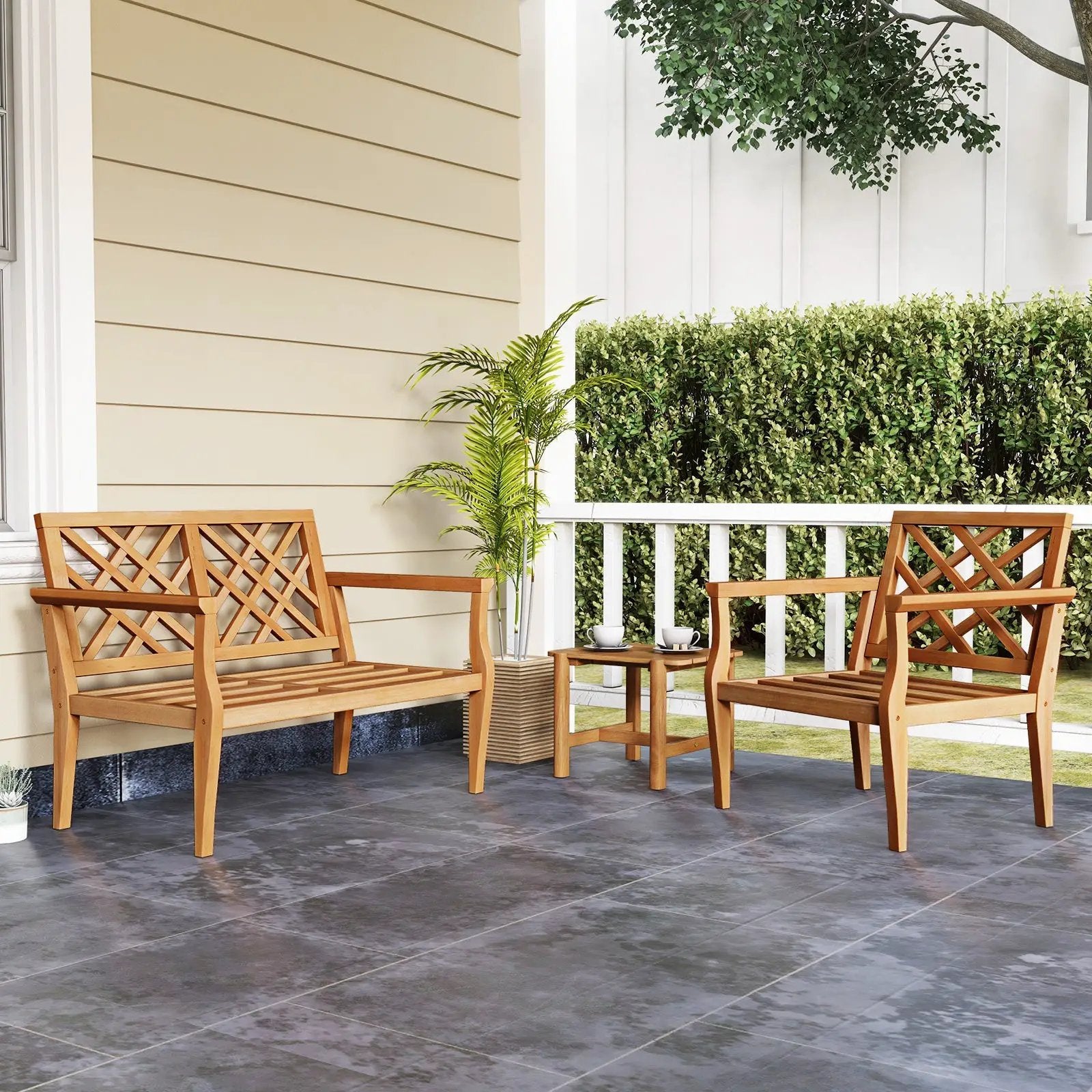 Teak Wood Slatted Patio Chair Armchair with Cozy Backrest and Armrests by DirectDeals