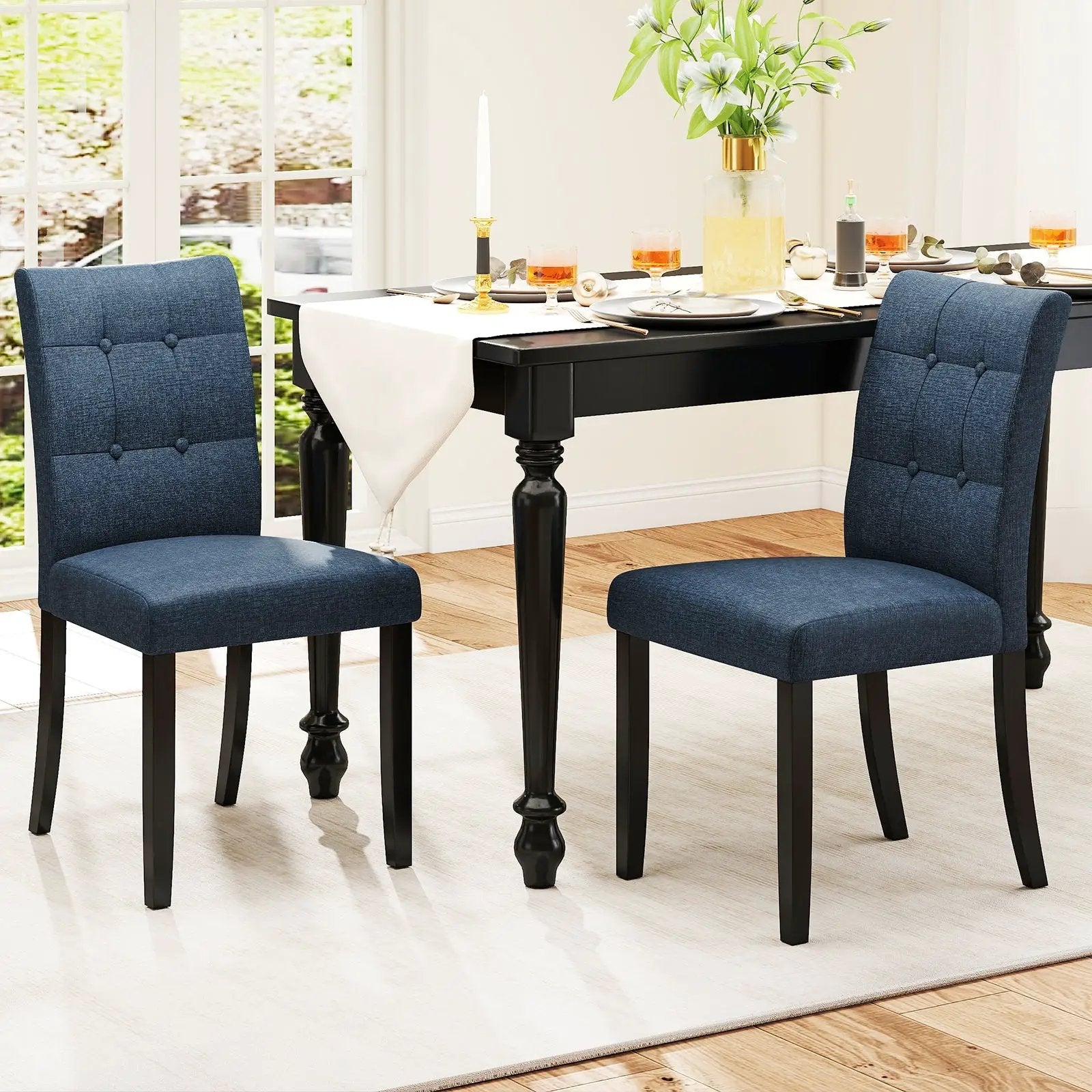 Set of 2 Tufted Dining Chairs Armless with Rubber Wood Legs-Dark Blue by DirectDeals