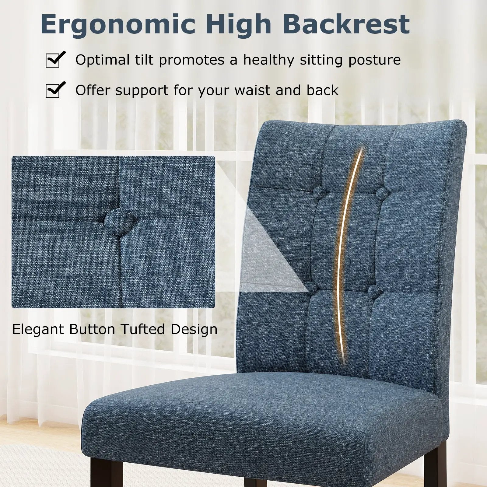 Set of 2 Tufted Dining Chairs Armless with Rubber Wood Legs-Dark Blue by DirectDeals