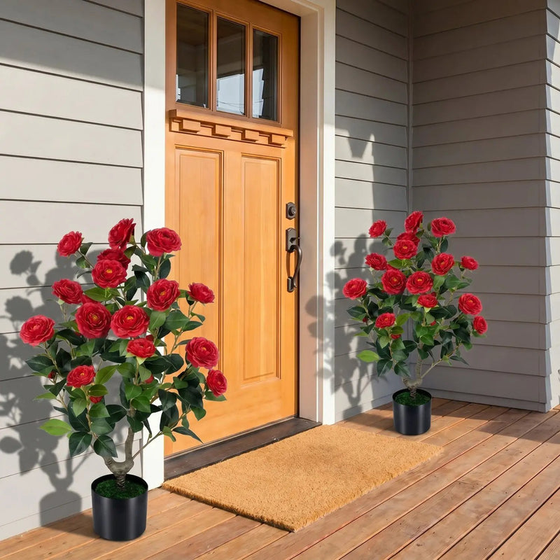 Artificial Camellia Tree in Cement Pot 35.5" Faux Flower Plant by DirectDeals