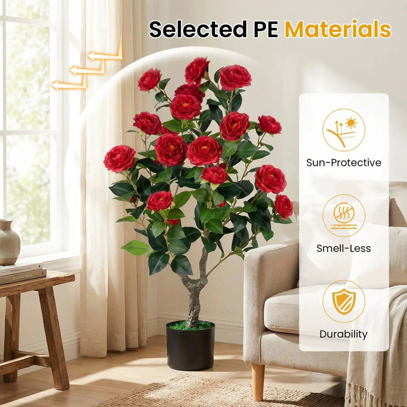 Artificial Camellia Tree in Cement Pot 35.5" Faux Flower Plant by DirectDeals
