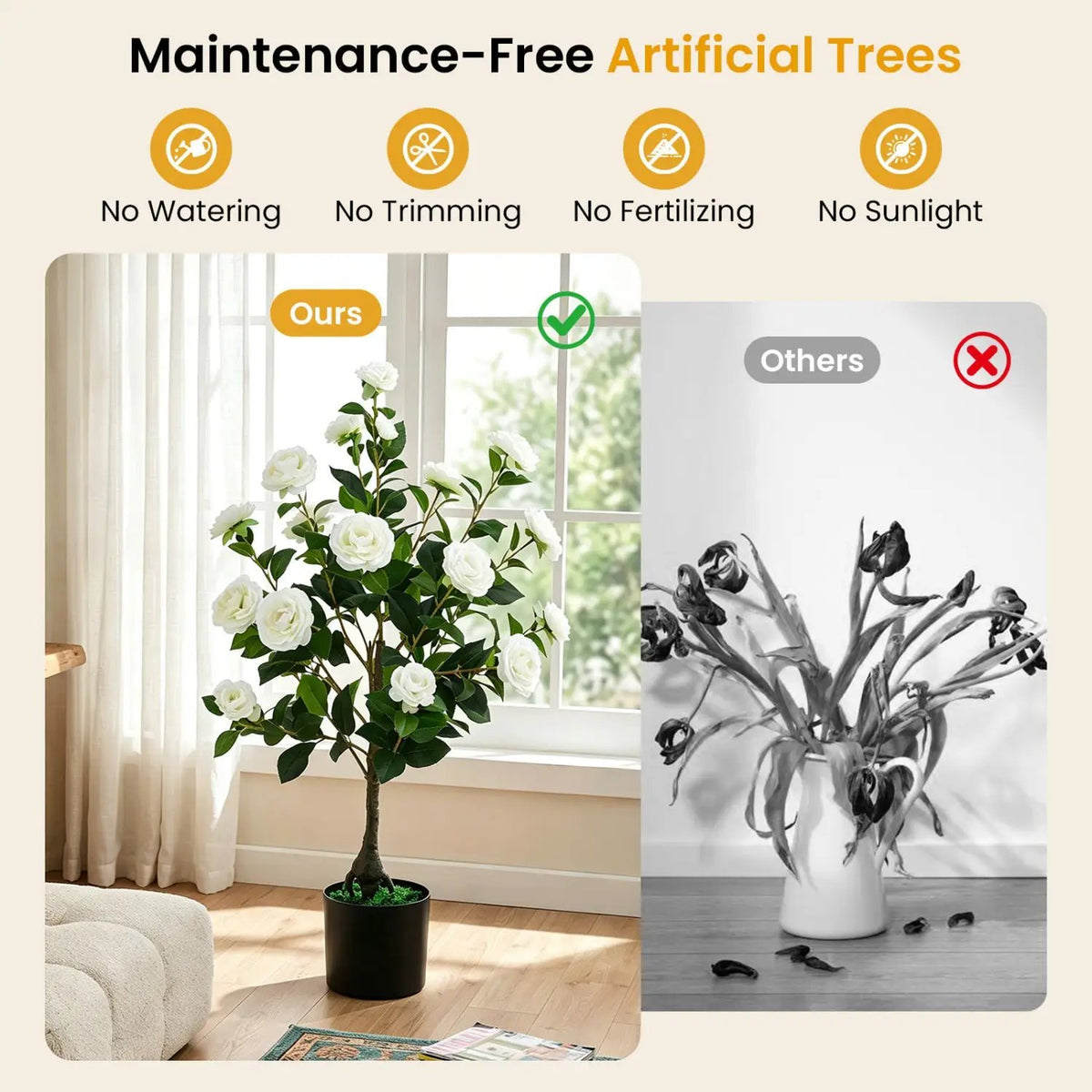 Artificial Camellia Tree in Cement Pot 35.5" Faux Flower Plant, photo 7 of 16