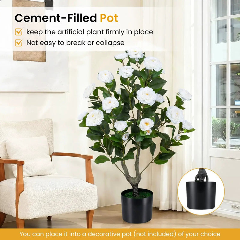 Artificial Camellia Tree in Cement Pot 35.5" Faux Flower Plant by DirectDeals