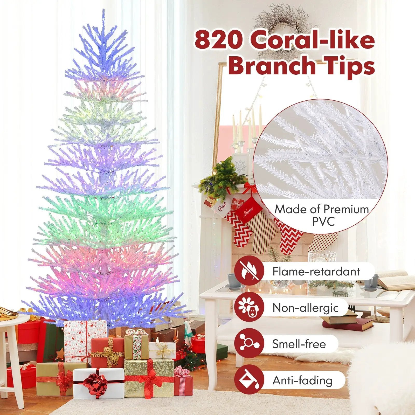 7 FT Artificial Pre-lit Christmas Tree Hinged Xmas Tree with 820 Coral-like Branch Tips by DirectDeals