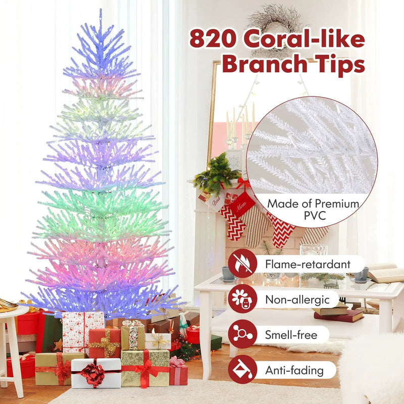 7 FT Artificial Pre-lit Christmas Tree Hinged Xmas Tree with 820 Coral-like Branch Tips by DirectDeals