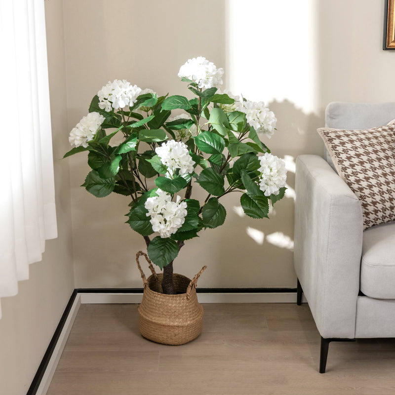 Artificial Hydrangea Tree Fake Floral Plant with 11 White Flowers-White by DirectDeals