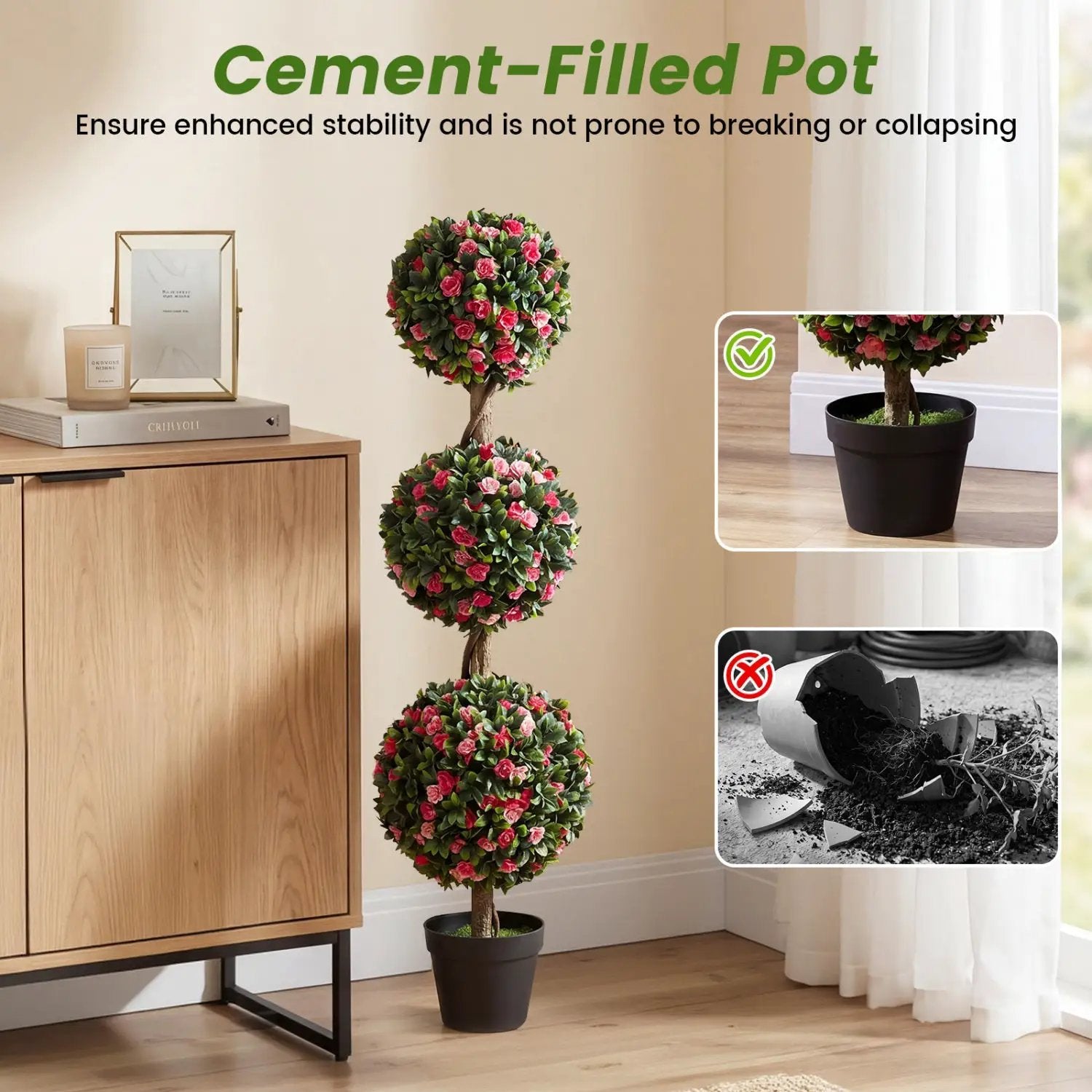 Triple Ball Rose Topiary Tree 43.5" with Lifelike Blooms by DirectDeals