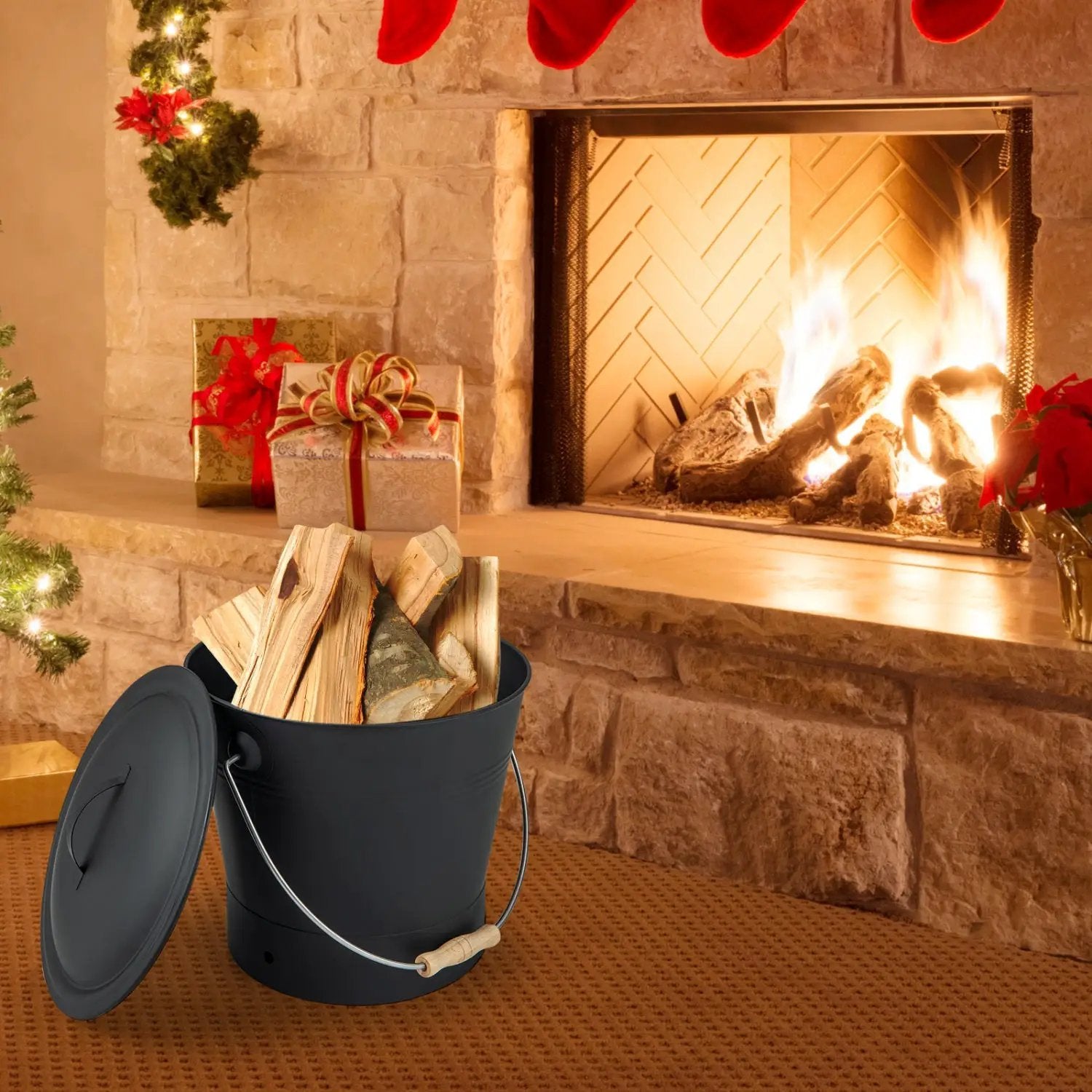 Ash Bucket with Lid and Cut-resistant Gloves by DirectDeals