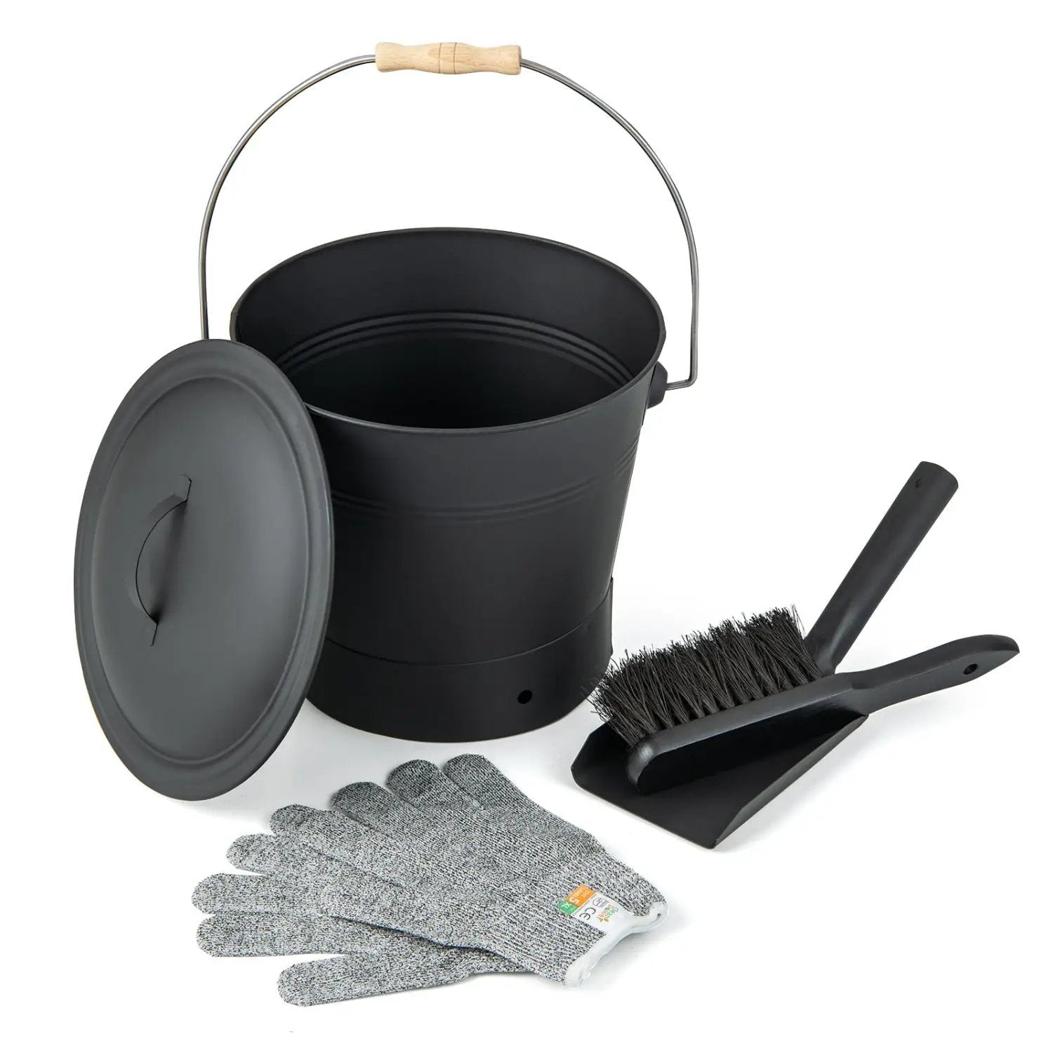 Ash Bucket with Lid and Cut-resistant Gloves by DirectDeals