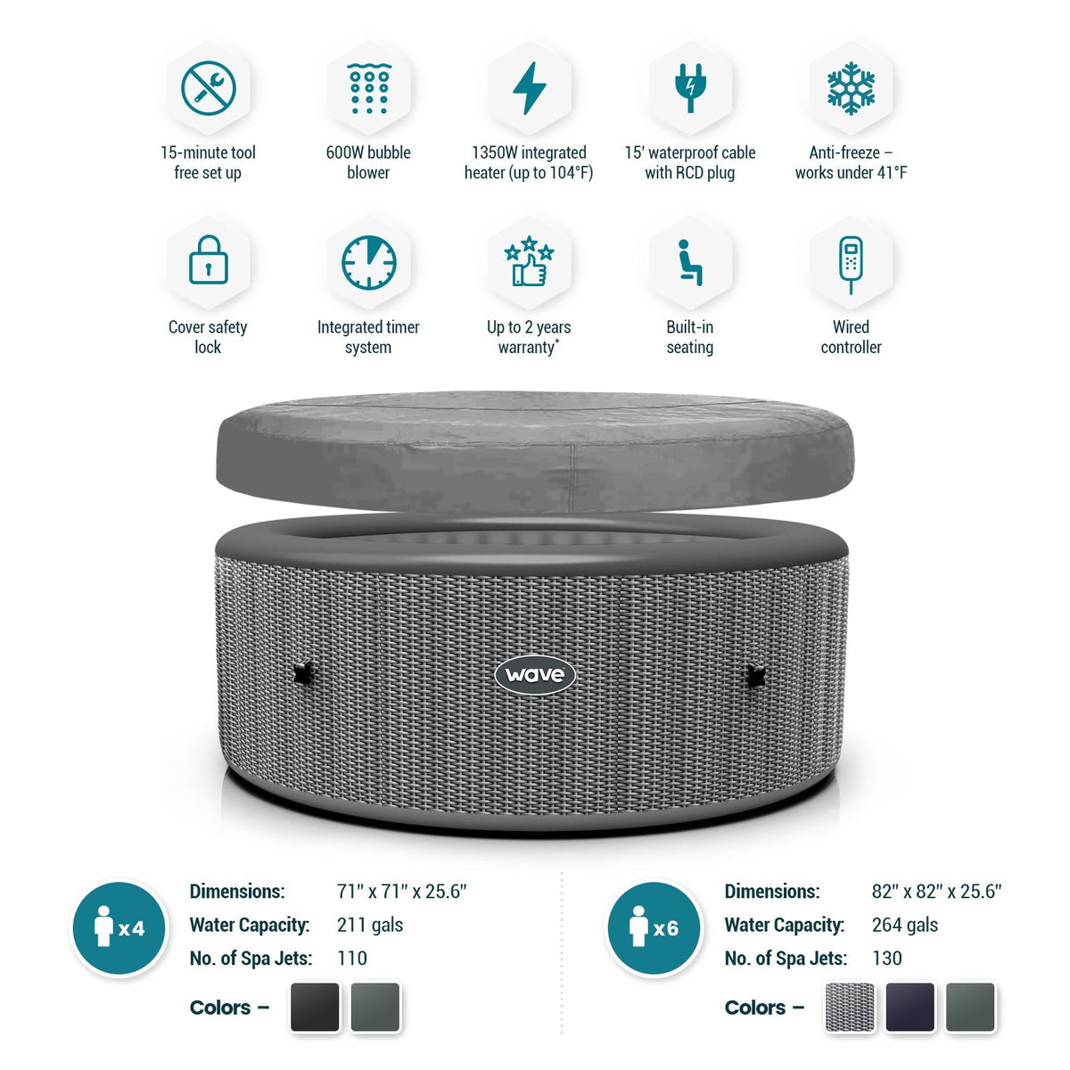 Atlantic | 4/6-Person Inflatable Hot Tub | Round | Integrated Heater, dimensions drawing