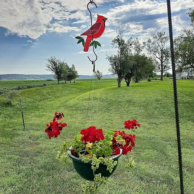Stained Glass Hanging Plant Hook - Red Cardinal Sun Catcher with Copper S Hooks Top and Bottom for Indoor and Outdoor Use by GreenHaven Gardens