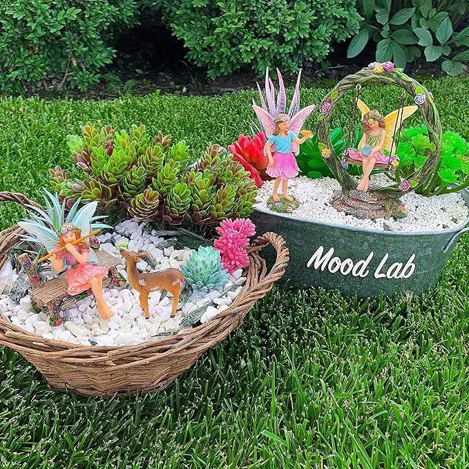 Mood Lab Fairy Garden Kit - Swing Set of 6 pcs Miniature Figurines & Accessories - Hand Painted for Outdoor or House Decor by GreenHaven Gardens