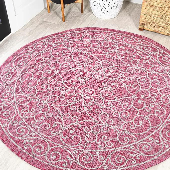 JONATHAN Y SMB106J-5R Charleston Vintage Filigree Textured Weave Indoor Outdoor Area Rug, Coastal, Bohemian, Classic Easy Clean,Bedroom,Kitchen,Backyard,Patio, Non-Shed, Fuchsia/Light Gray, 5' Round by GreenHaven Gardens