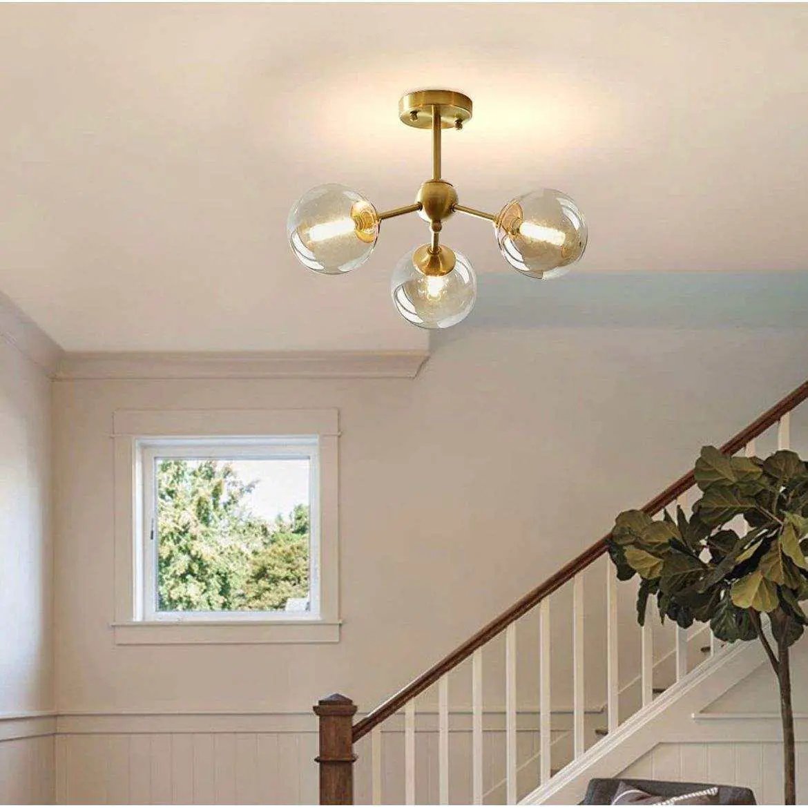 KCO Lighting Glass Globe Sputnik Chandelier 3-Light Brass Gold Close to Ceiling Light Mid Century Flush Mount Ceiling Light for Kitchen Island Bedroom Bathroom (3-Lights) by Selzalot