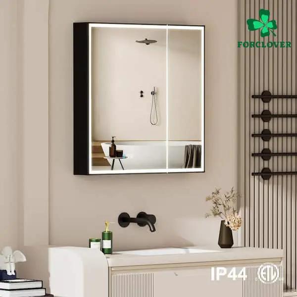 Open Box FORCLOVER 30 in. W x 30 in. H Rectangular Black Aluminum Recessed/Surface Mount LED Medicine Cabinet with Mirror,Outlet,Soft Close by Selzalot