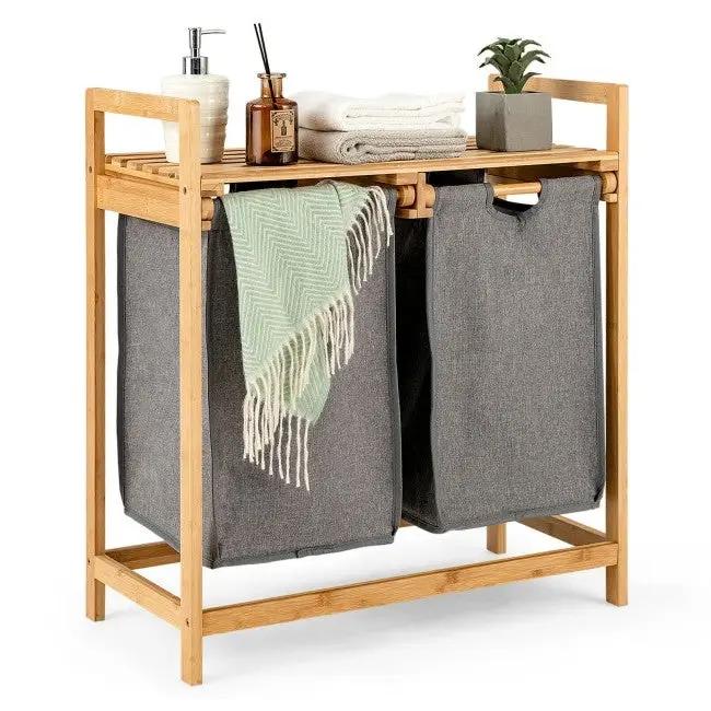Natural Bamboo 2 Bin Sliding Laundry Hamper with Storage Shelf by HomePacific