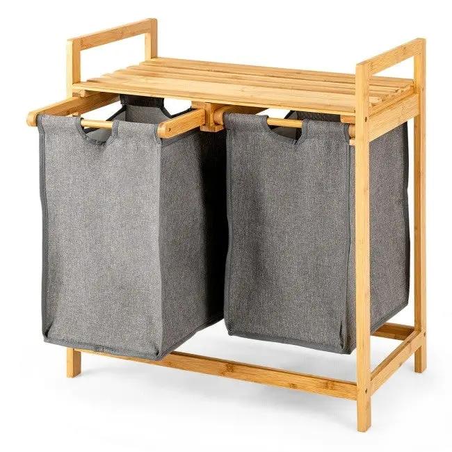 Natural Bamboo 2 Bin Sliding Laundry Hamper with Storage Shelf by HomePacific