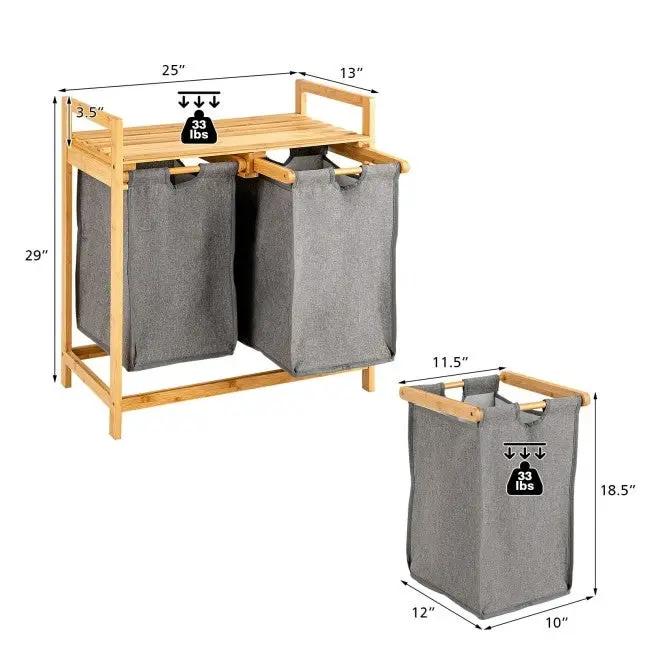 Natural Bamboo 2 Bin Sliding Laundry Hamper with Storage Shelf by HomePacific